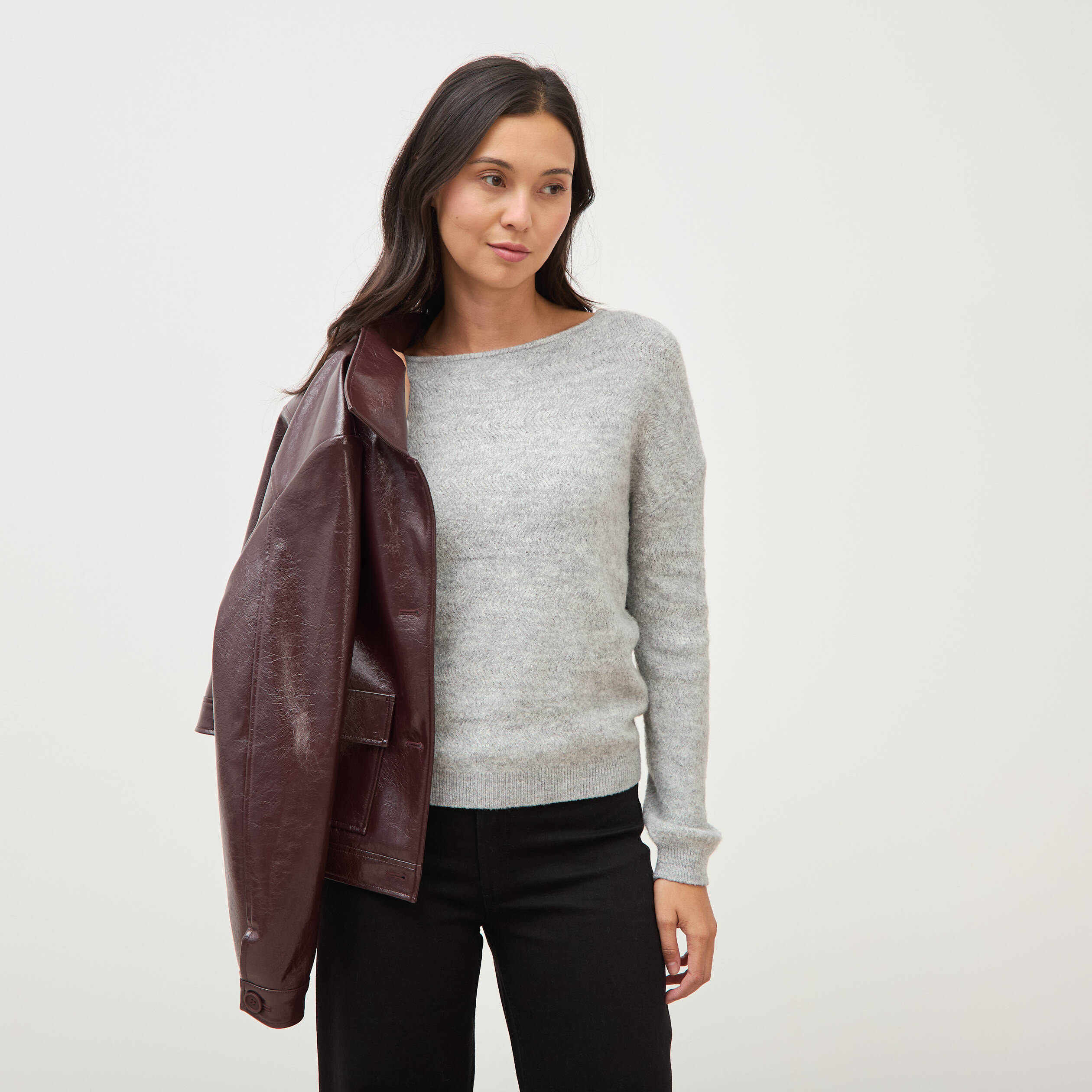 Pull manches longues col bateau gris femme