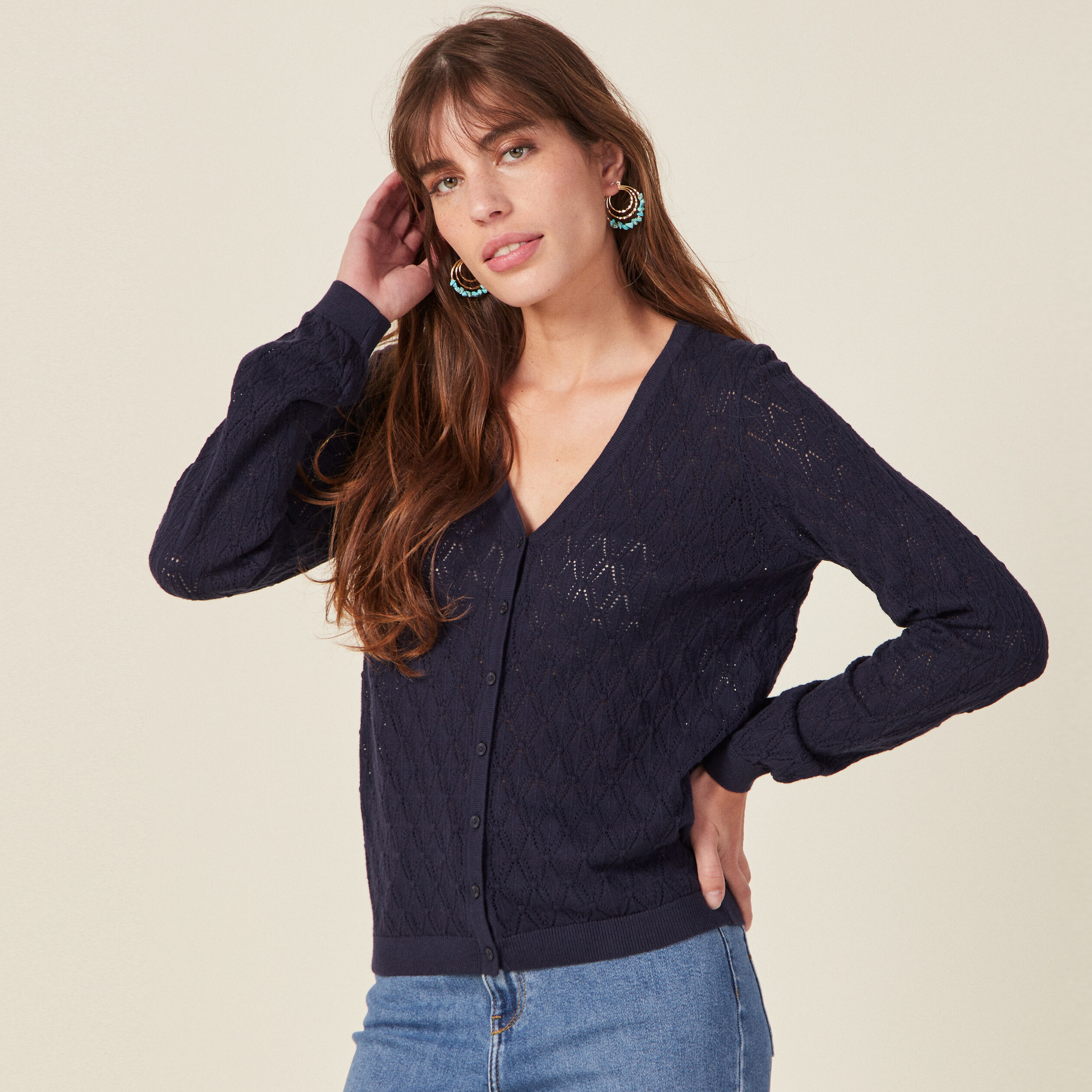 gilet col en v boutonne bleu marine femme Gilet col en V boutonné bleu marine femme