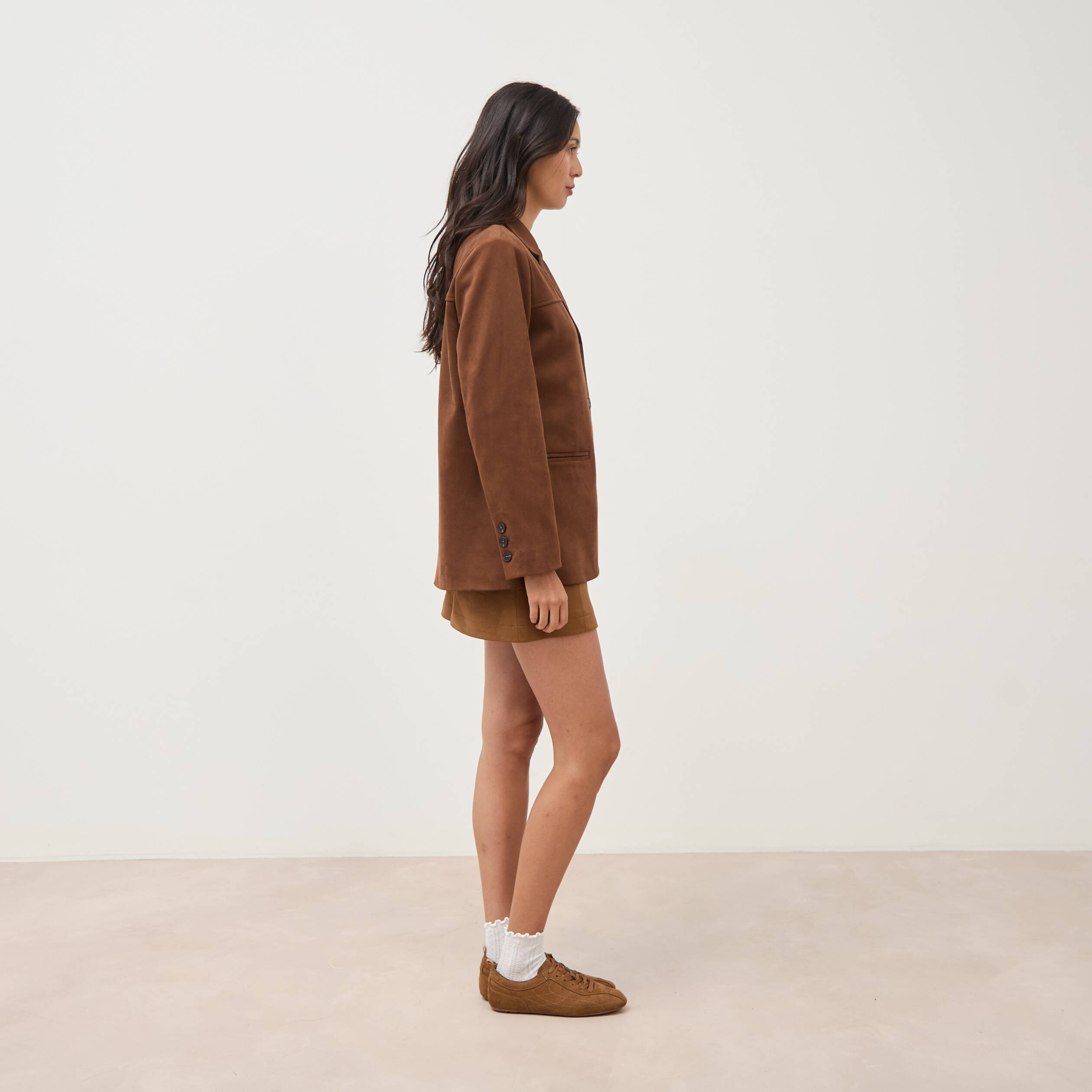 Blazer col tailleur manches longues marron fonc&eacute; femme