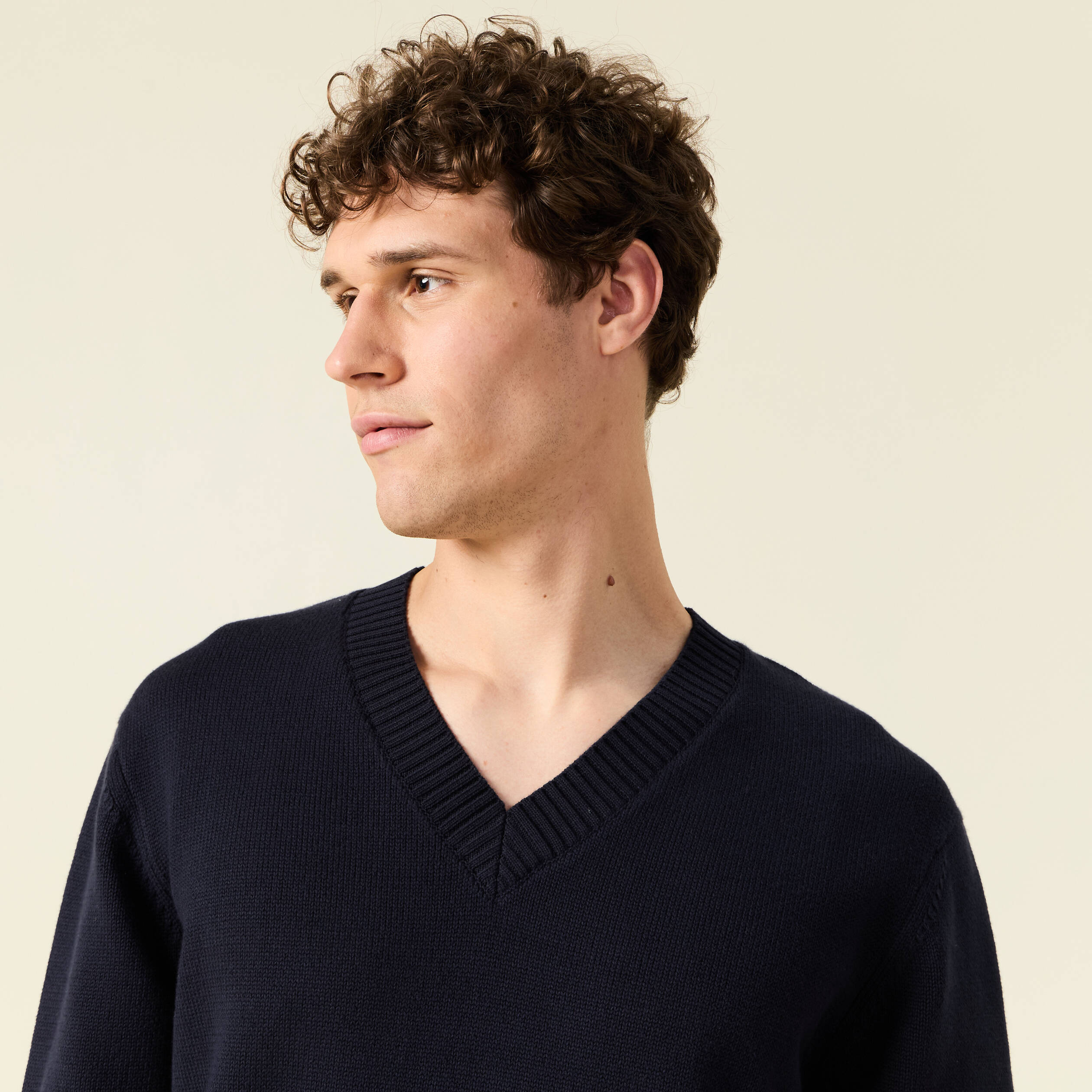 Pull fin col v manches longues bleu marine homme