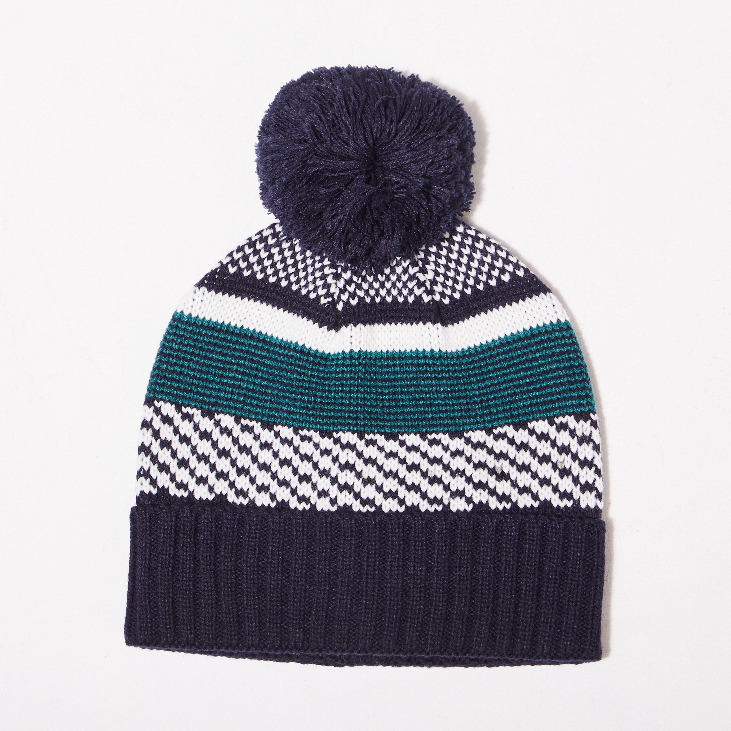 bonnet tricote a pompon bleu fonce homme Bonnet tricoté à pompon bleu foncé homme