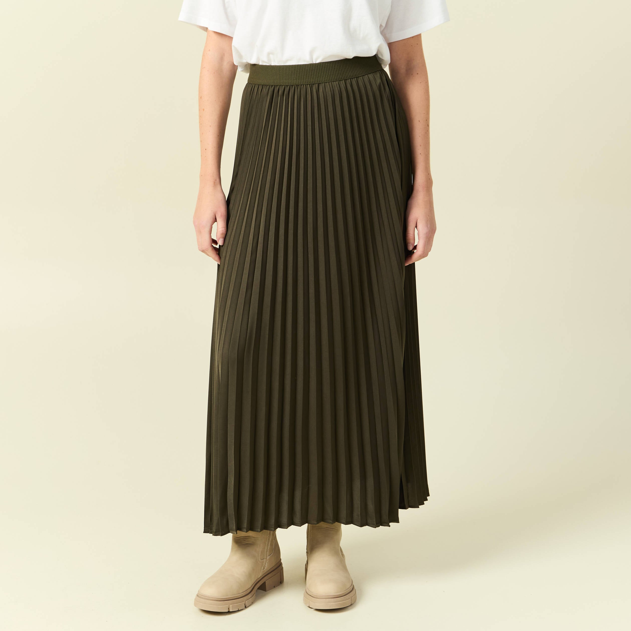 Jupe pliss&eacute;e longue vert kaki femme