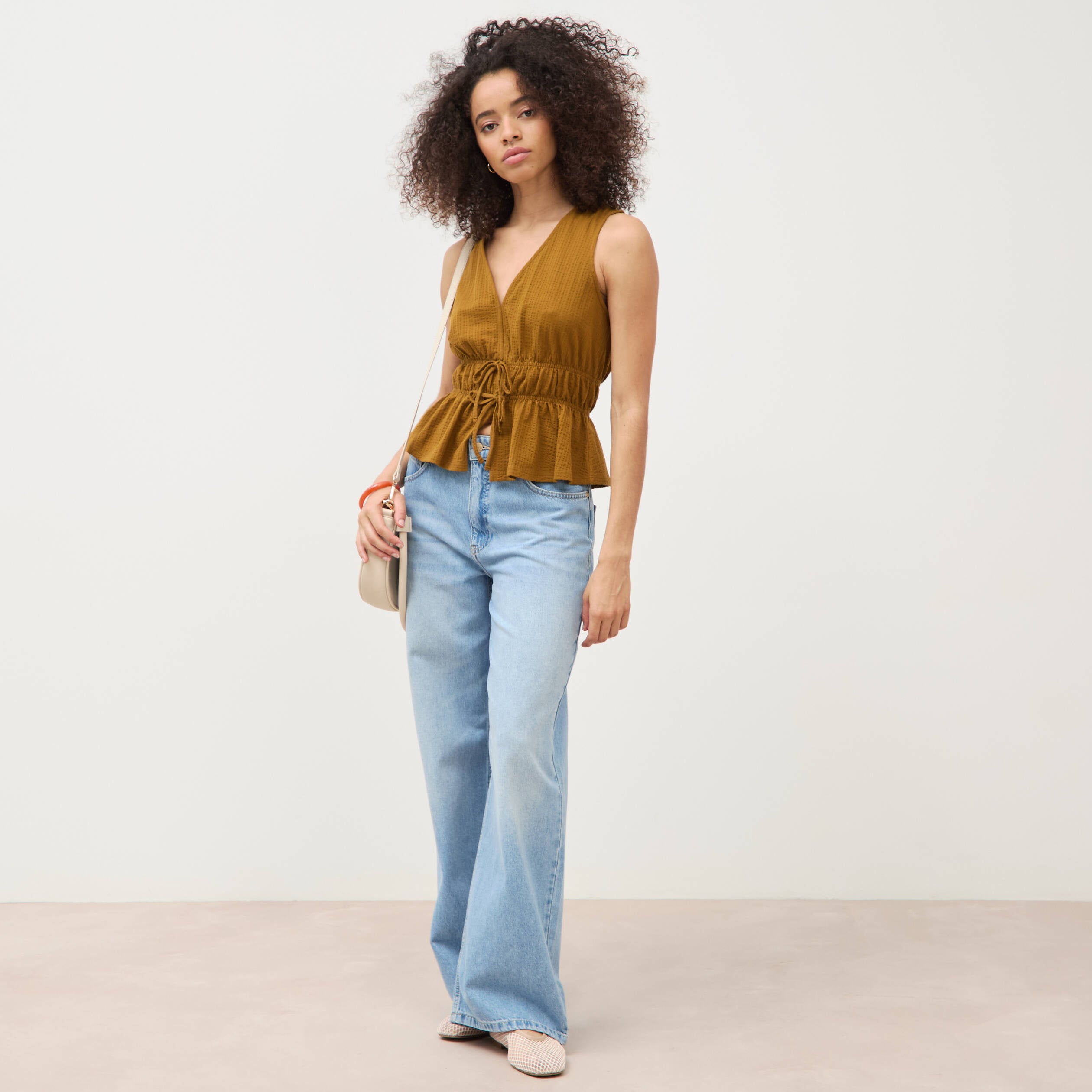 D&eacute;bardeur col v n&oelig;uds en coton vert olive femme