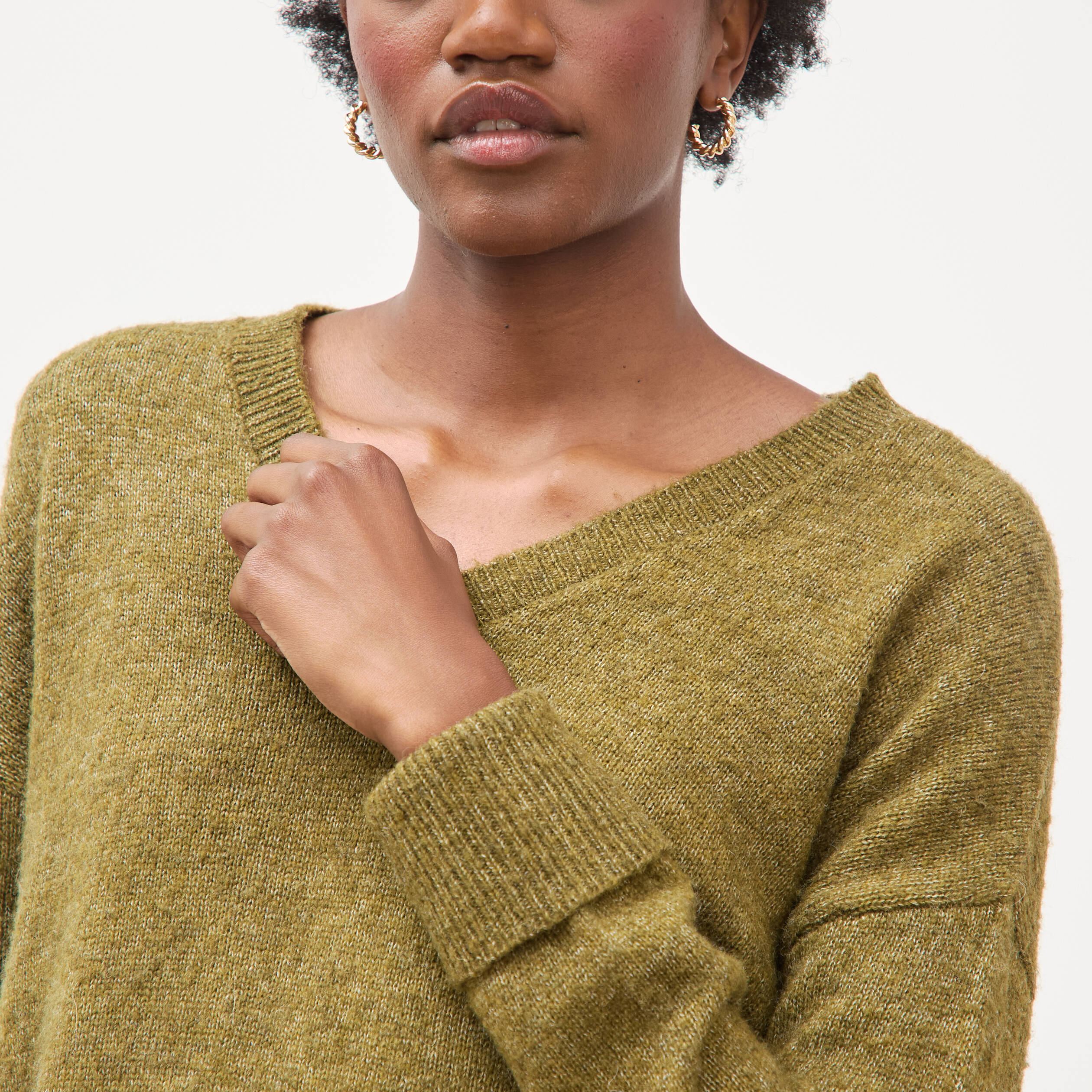 Pull droit col v manches longues vert kaki femme