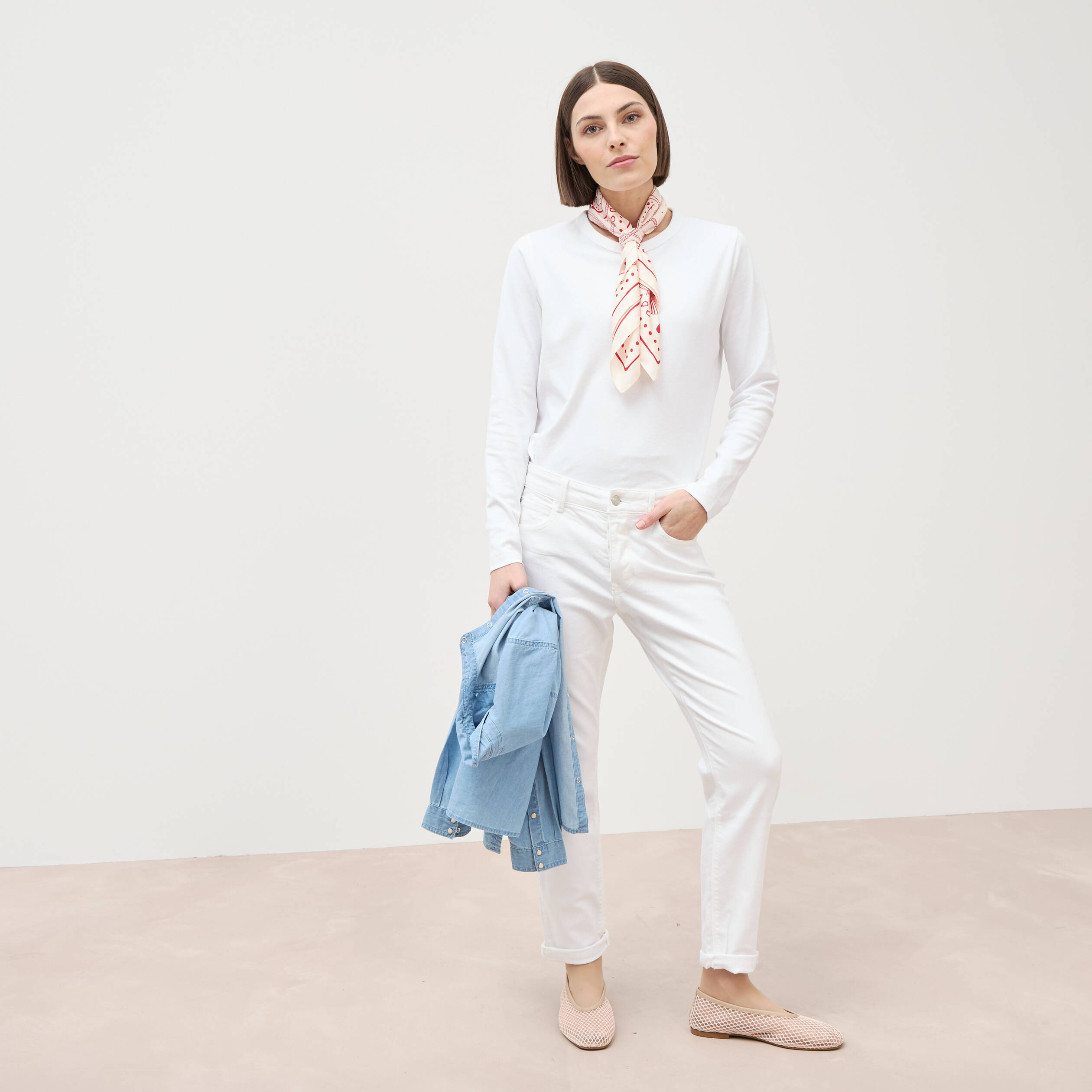 Jeans girlfriend taille haute denim blanc femme