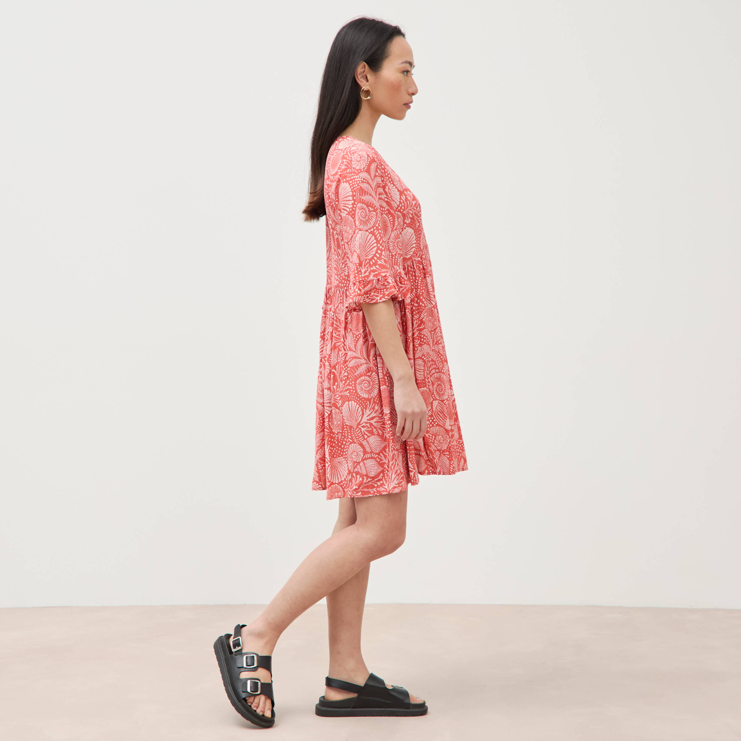 Robe col v manches au coude orange corail femme