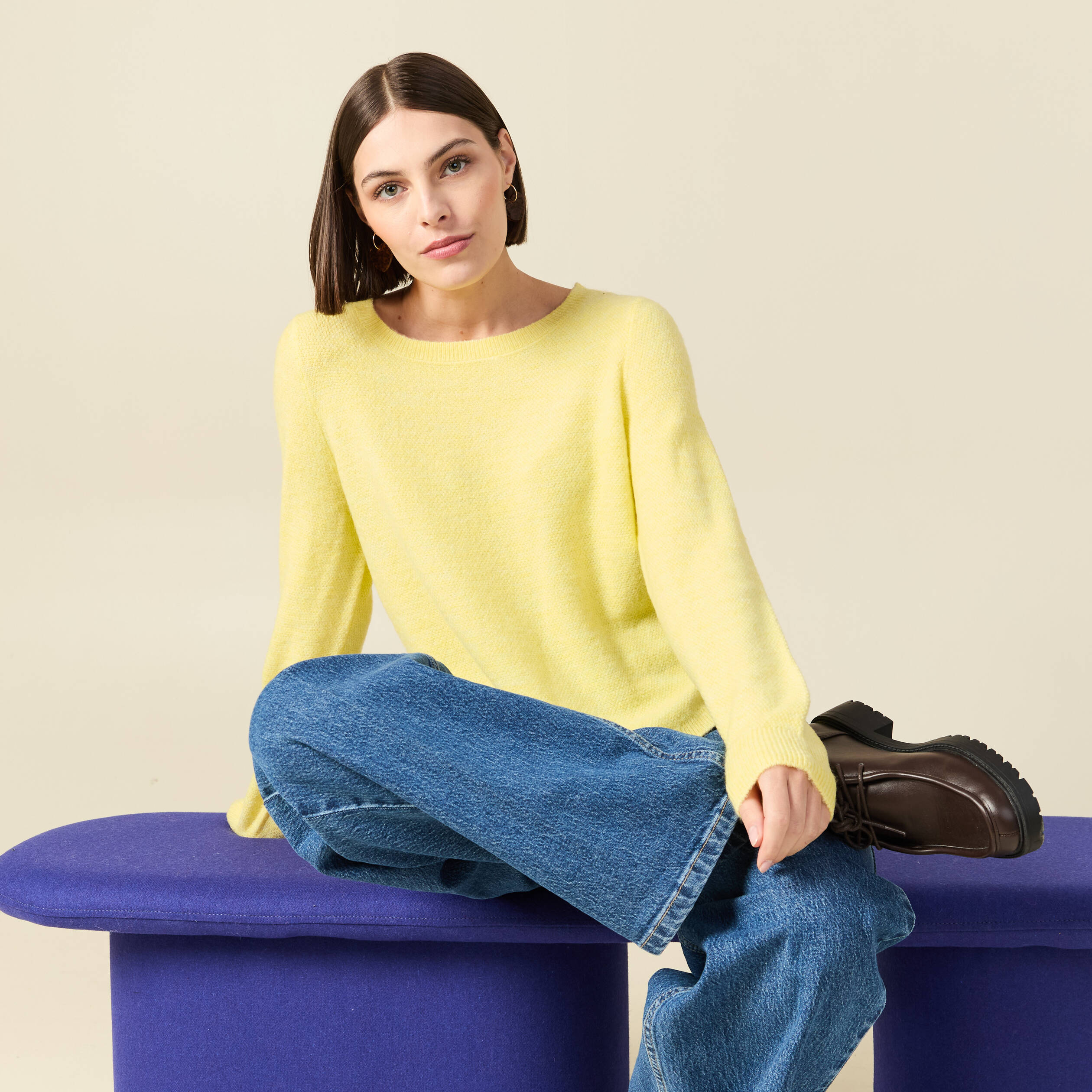 Pull col bateau manches longues jaune clair femme