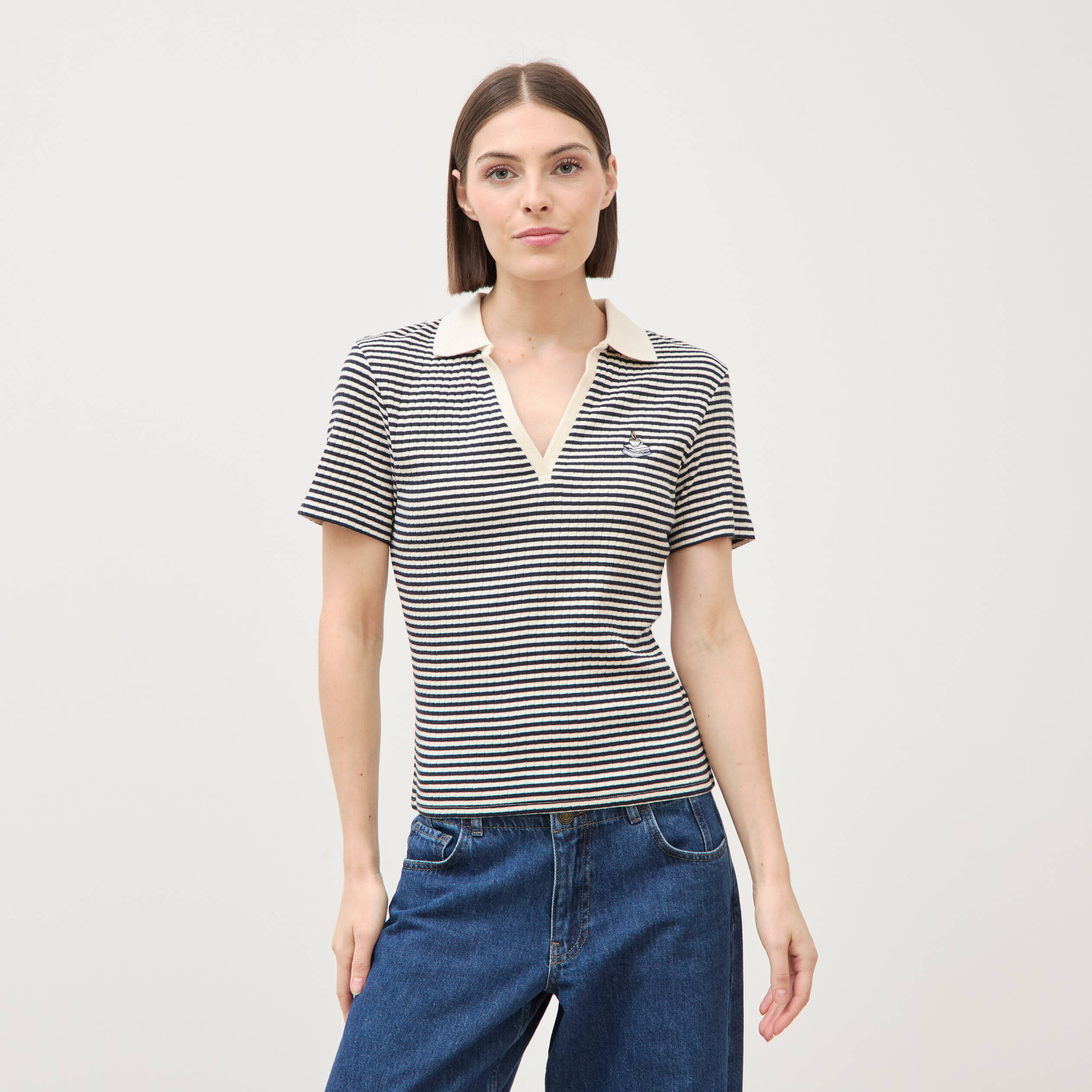 Polo ray&eacute; en coton manches courtes ecru femme
