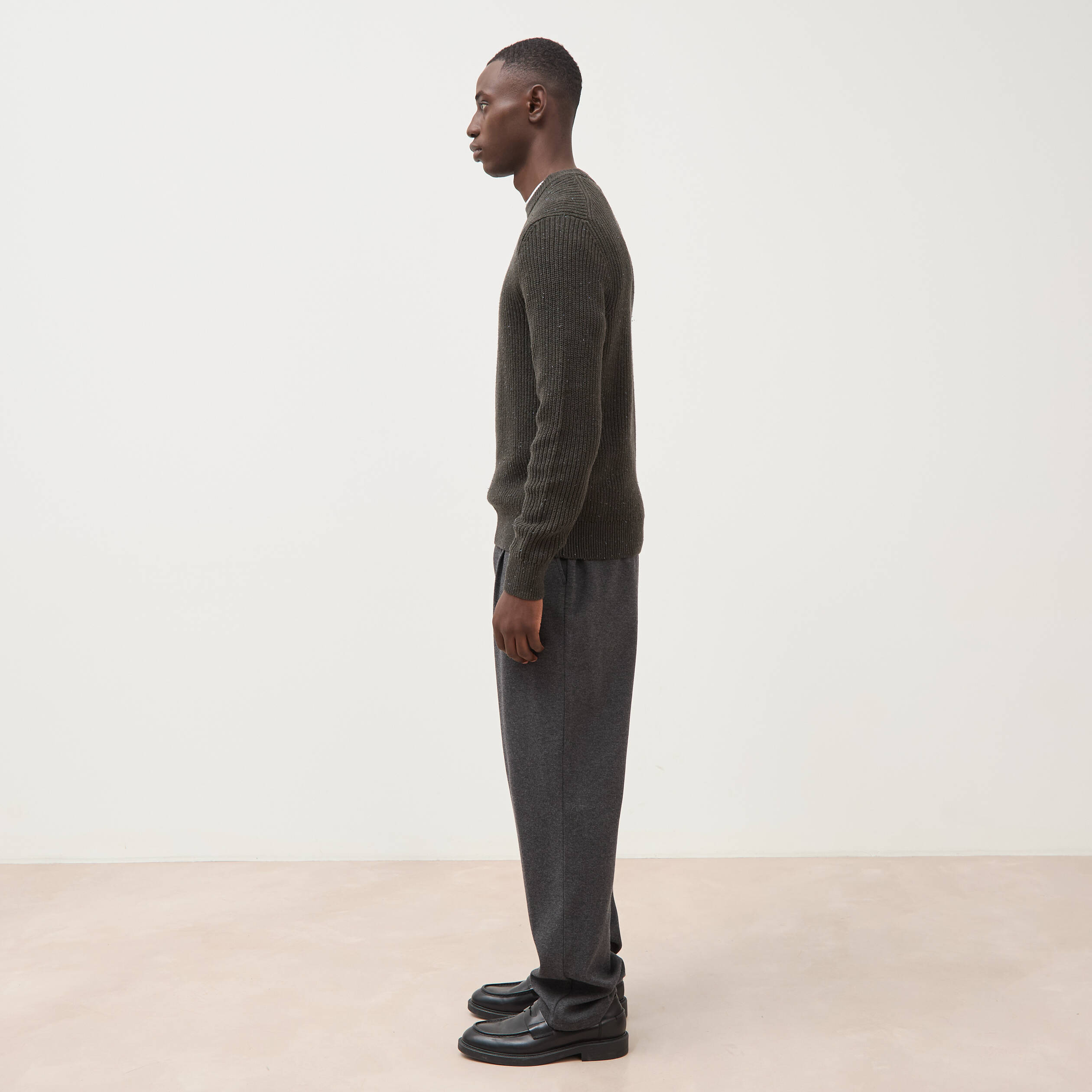 Pull col rond manches longues en coton vert kaki homme