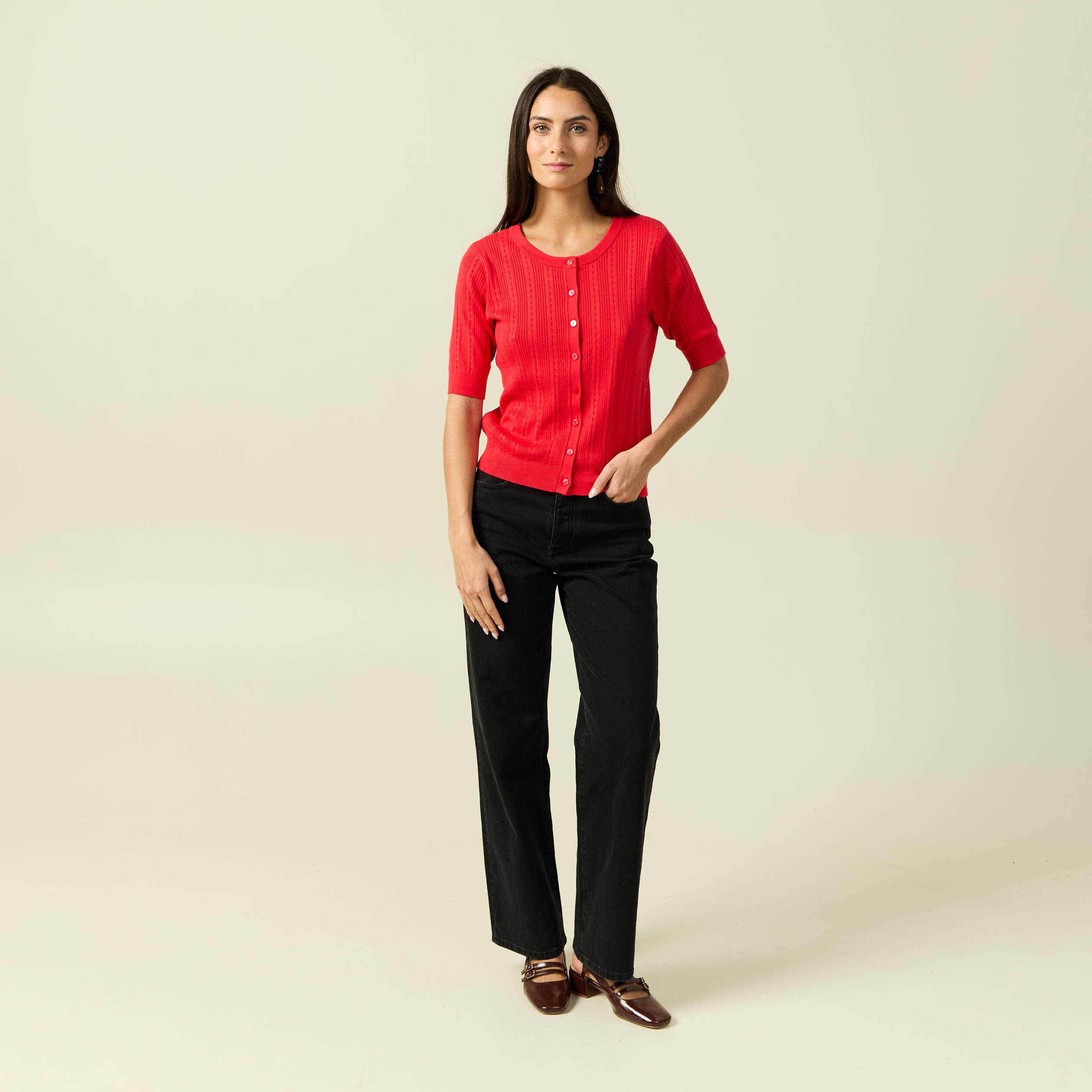 Gilet manches coude col rond rouge fonc&eacute; femme