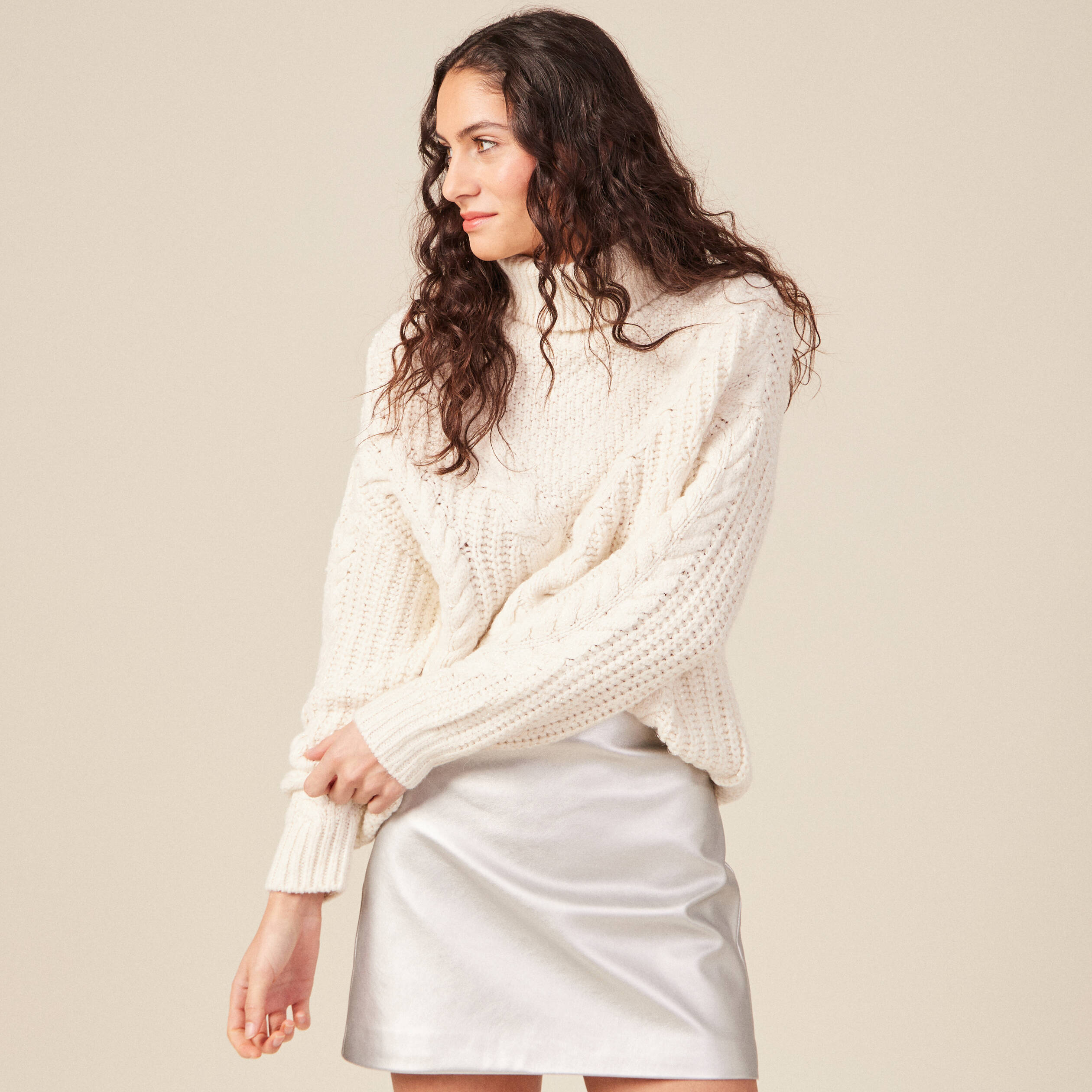 Pull manches longues col roulé ecru femme