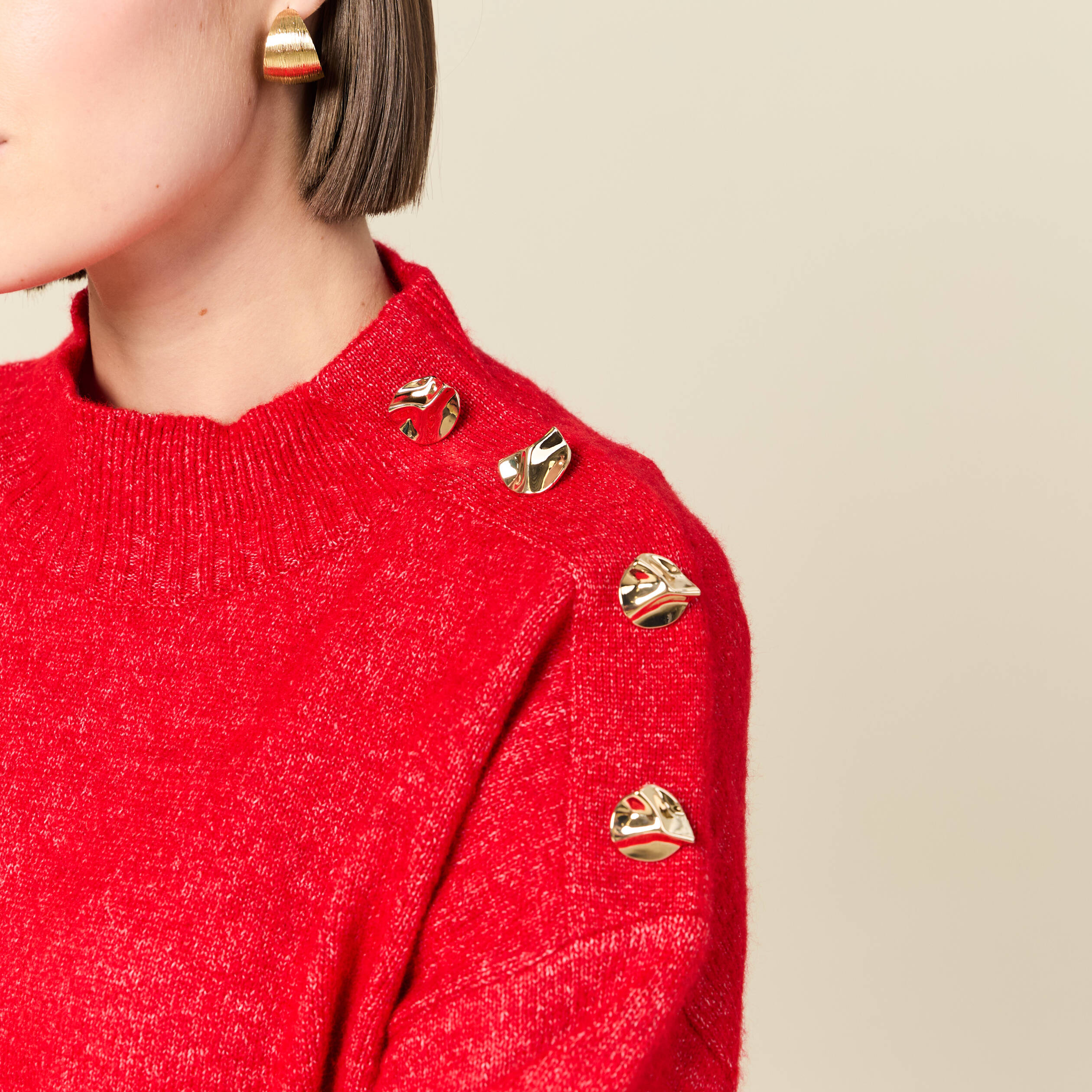 Pull col montant manches longues rouge femme