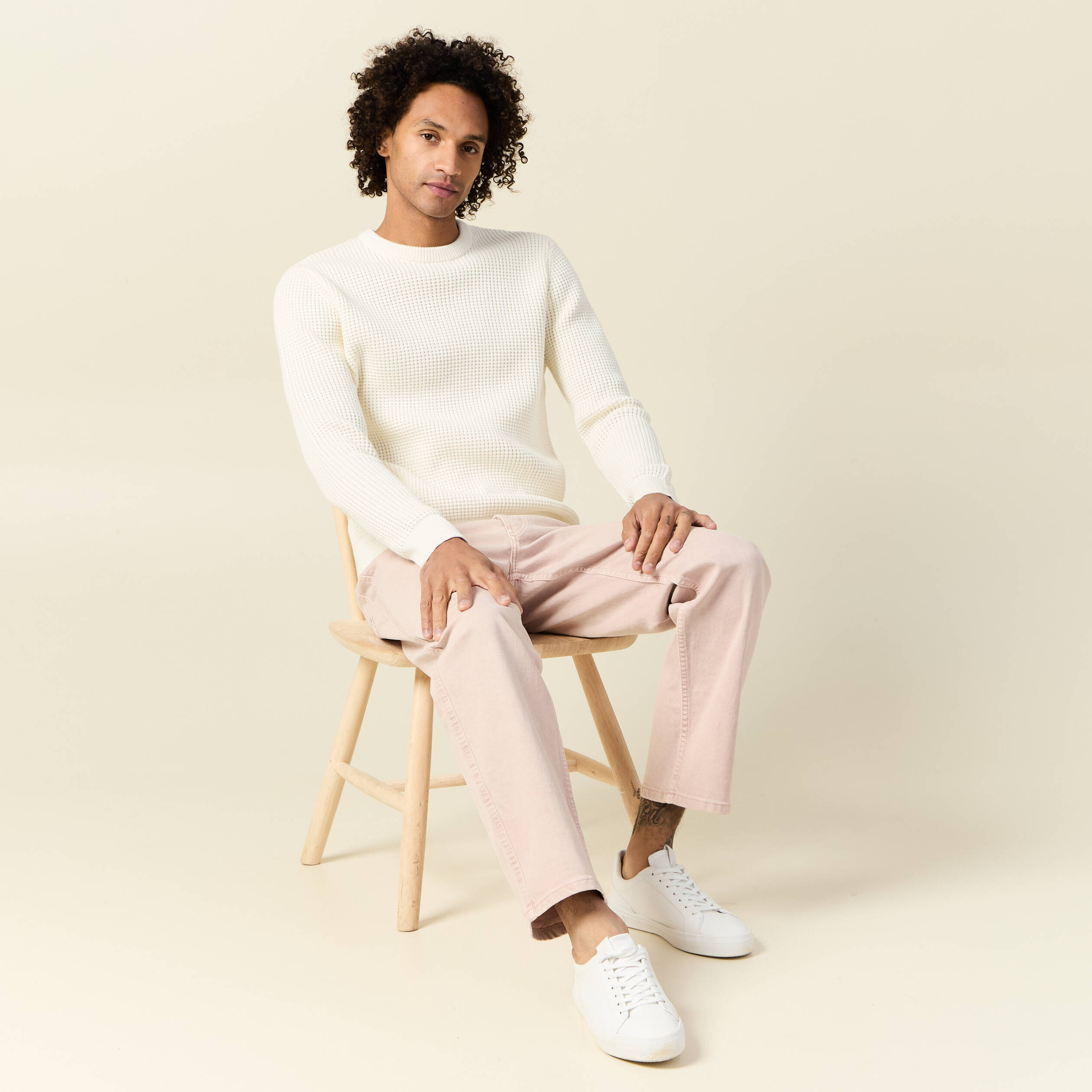 Pull manches longues col rond ecru homme