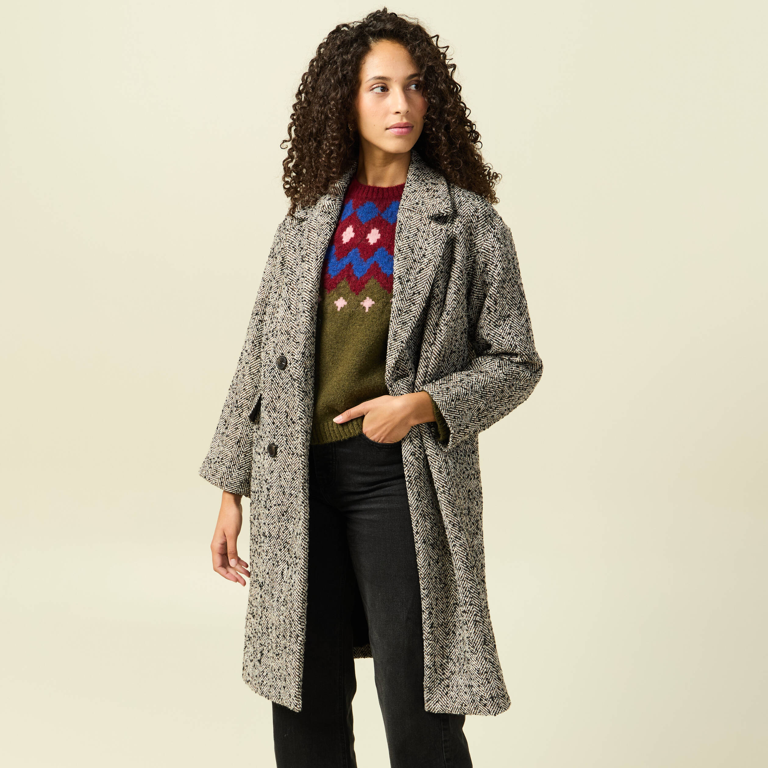 Manteau long oversize col montant gris fonc&eacute; femme