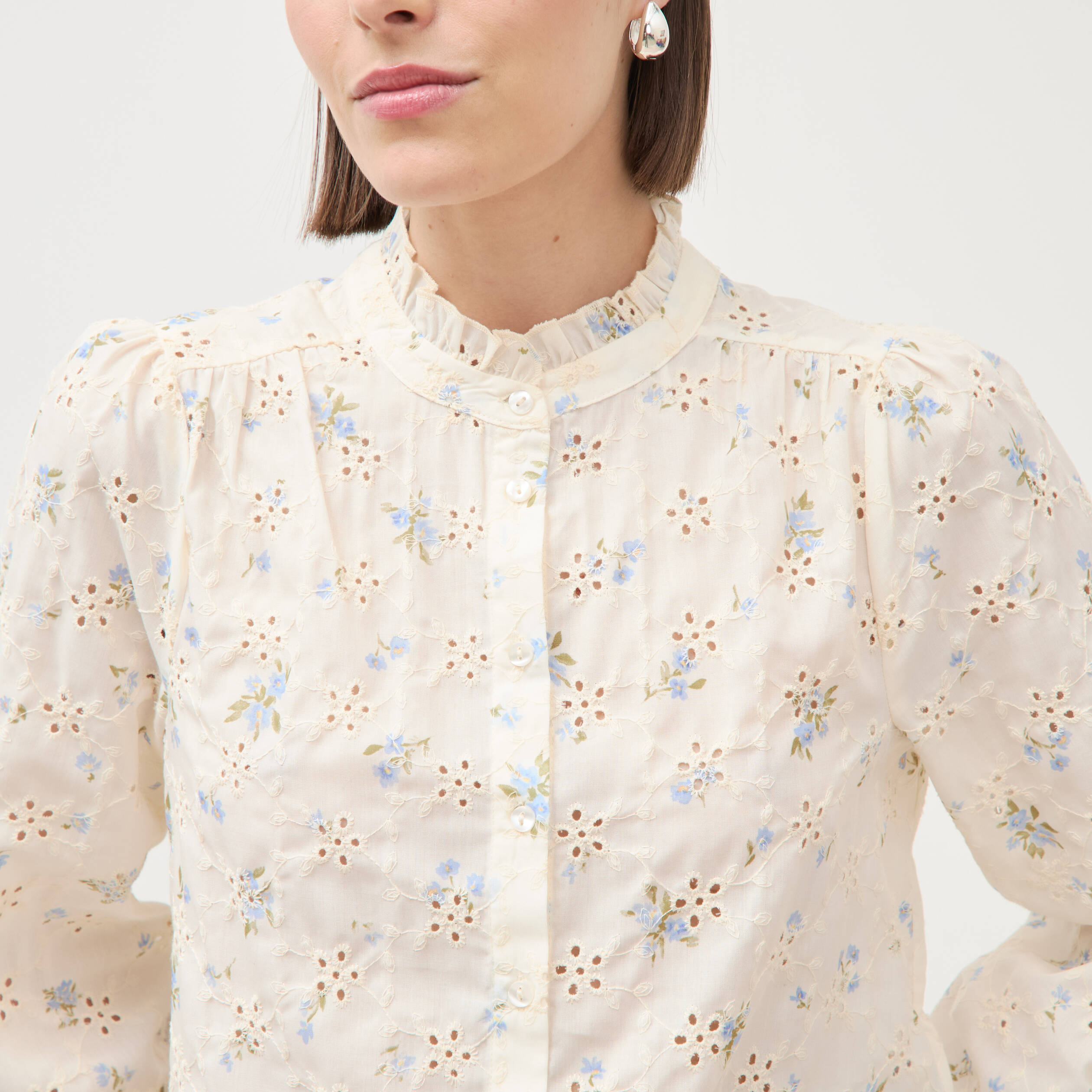 Chemise manches longues col mao bleu femme