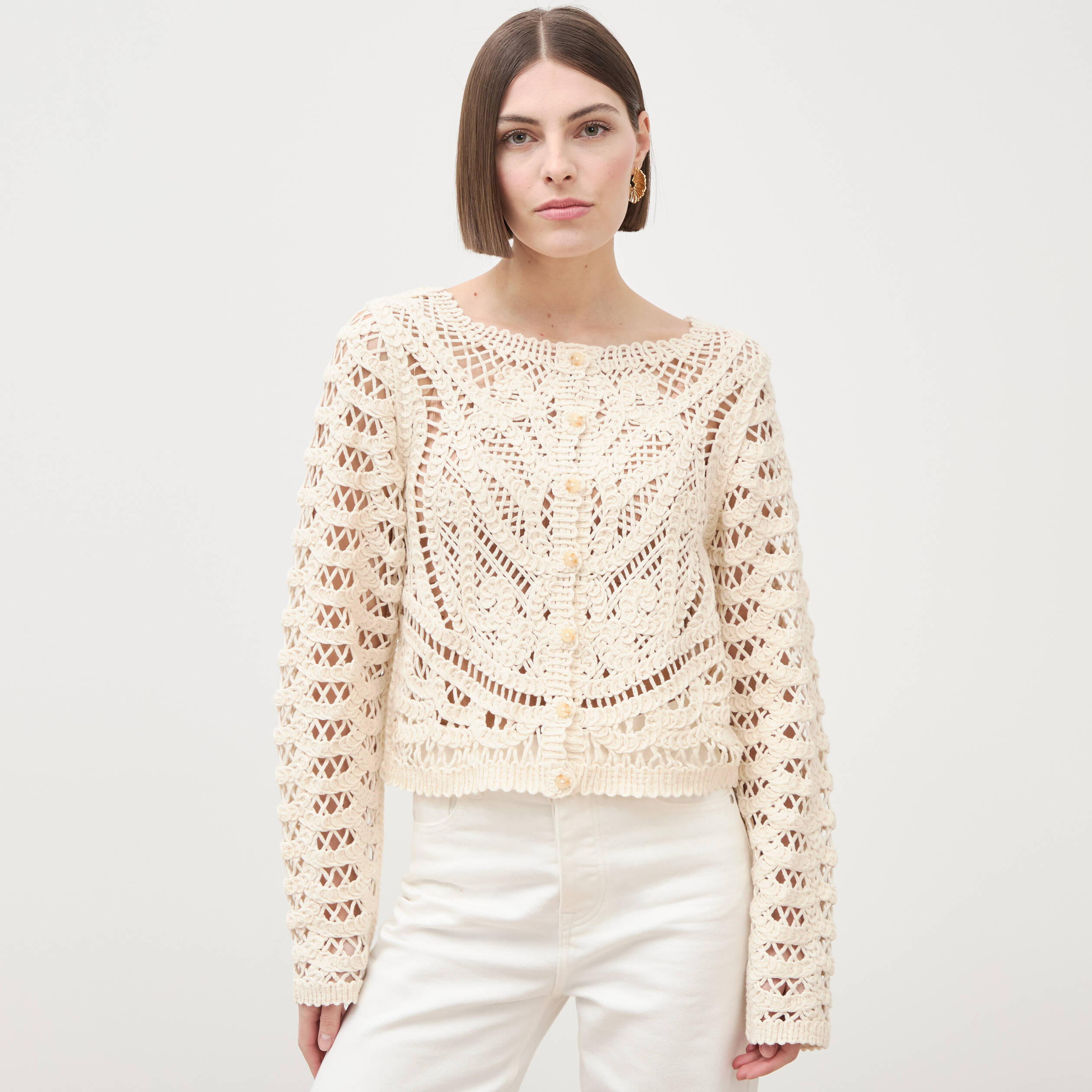Cardigan droit court manches longues ecru femme