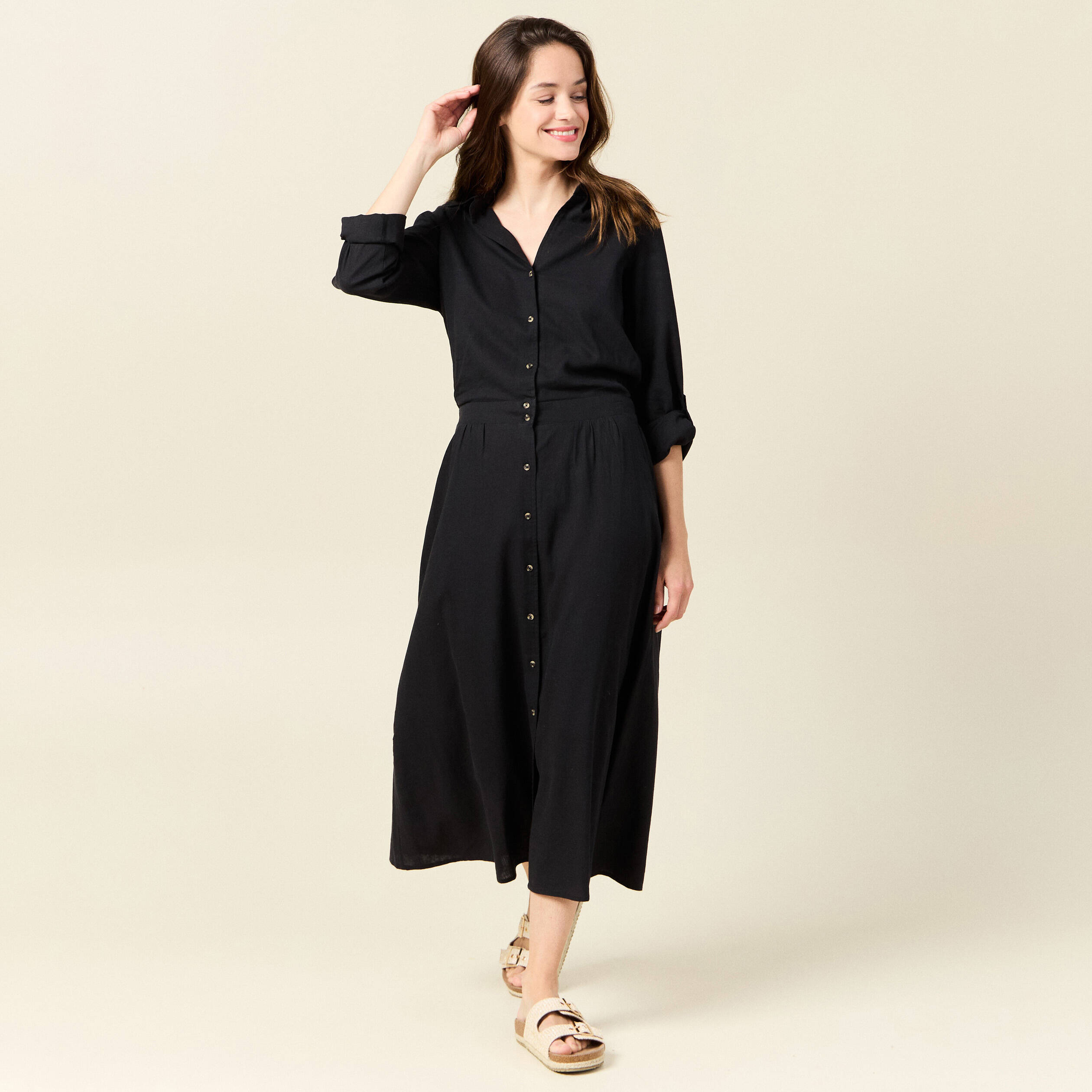 Robe droite manches longues 3/4 noir femme