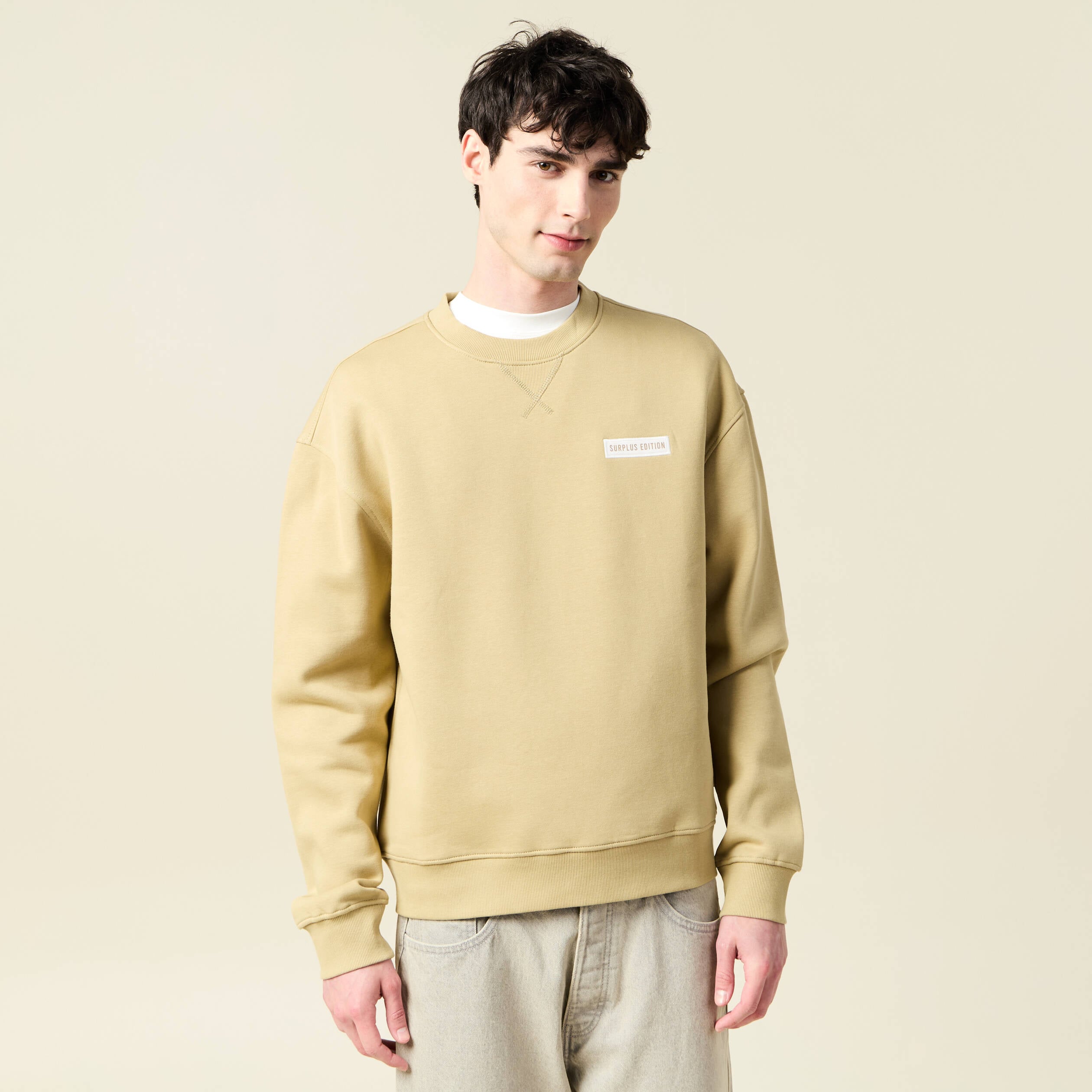 Sweat col rond manches longues beige homme