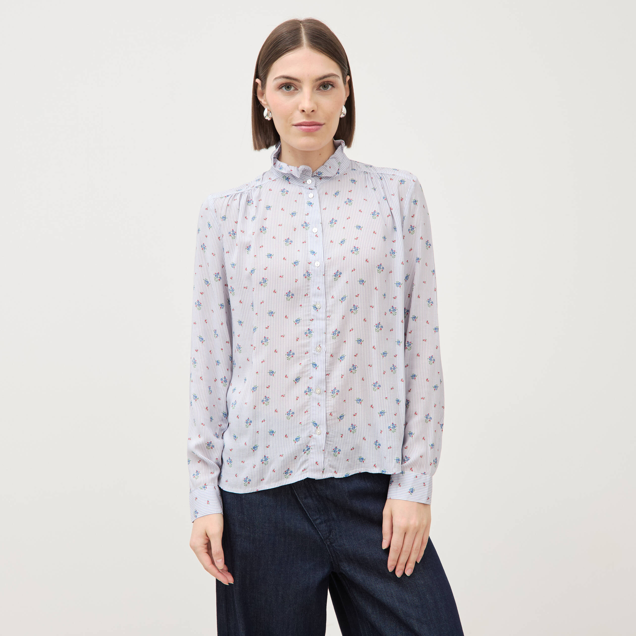 Chemise droite manches longues bleu ciel femme