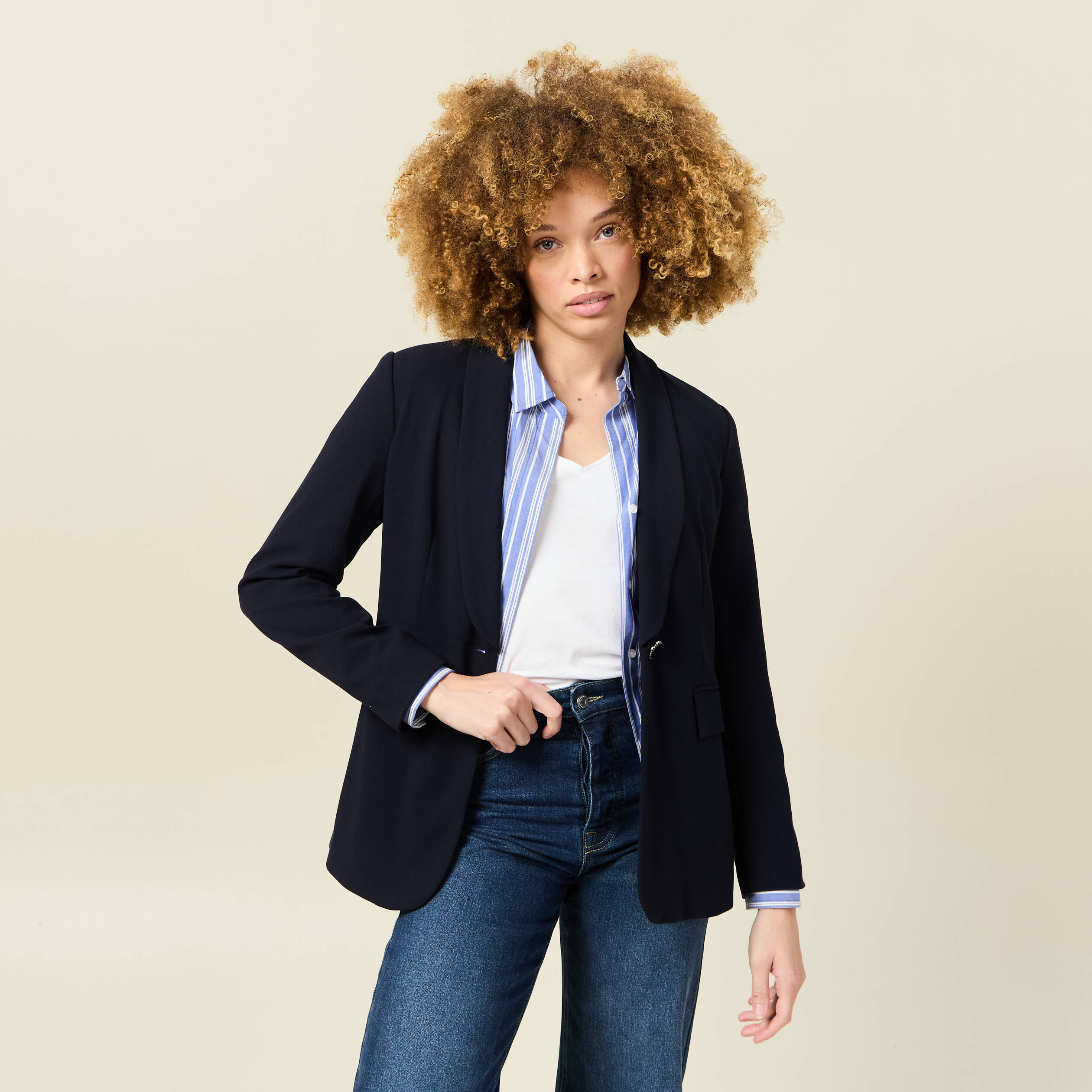 veste blazer col chale bleu marine femme Veste blazer col châle bleu marine femme