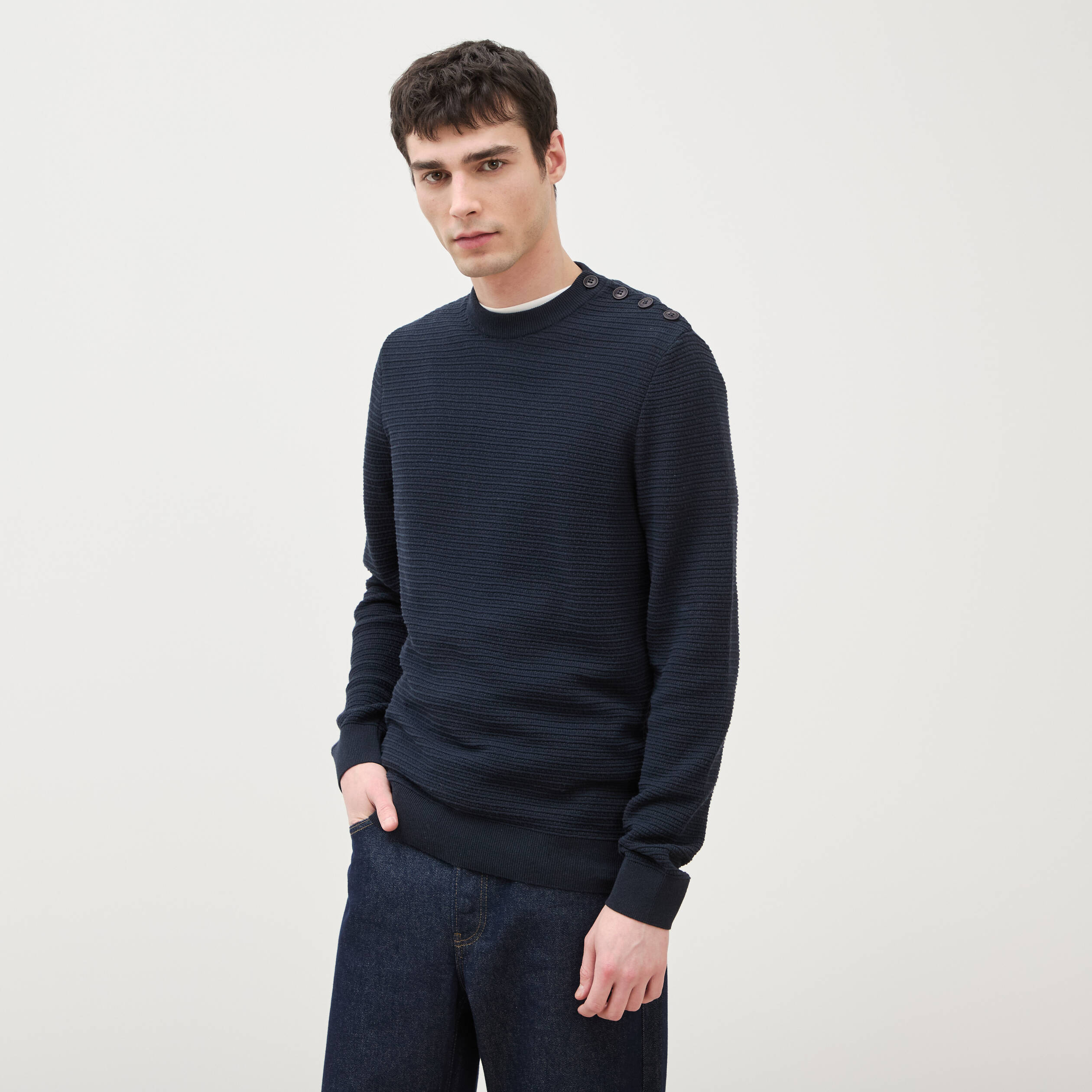 Pull col rond manches longues bleu marine homme