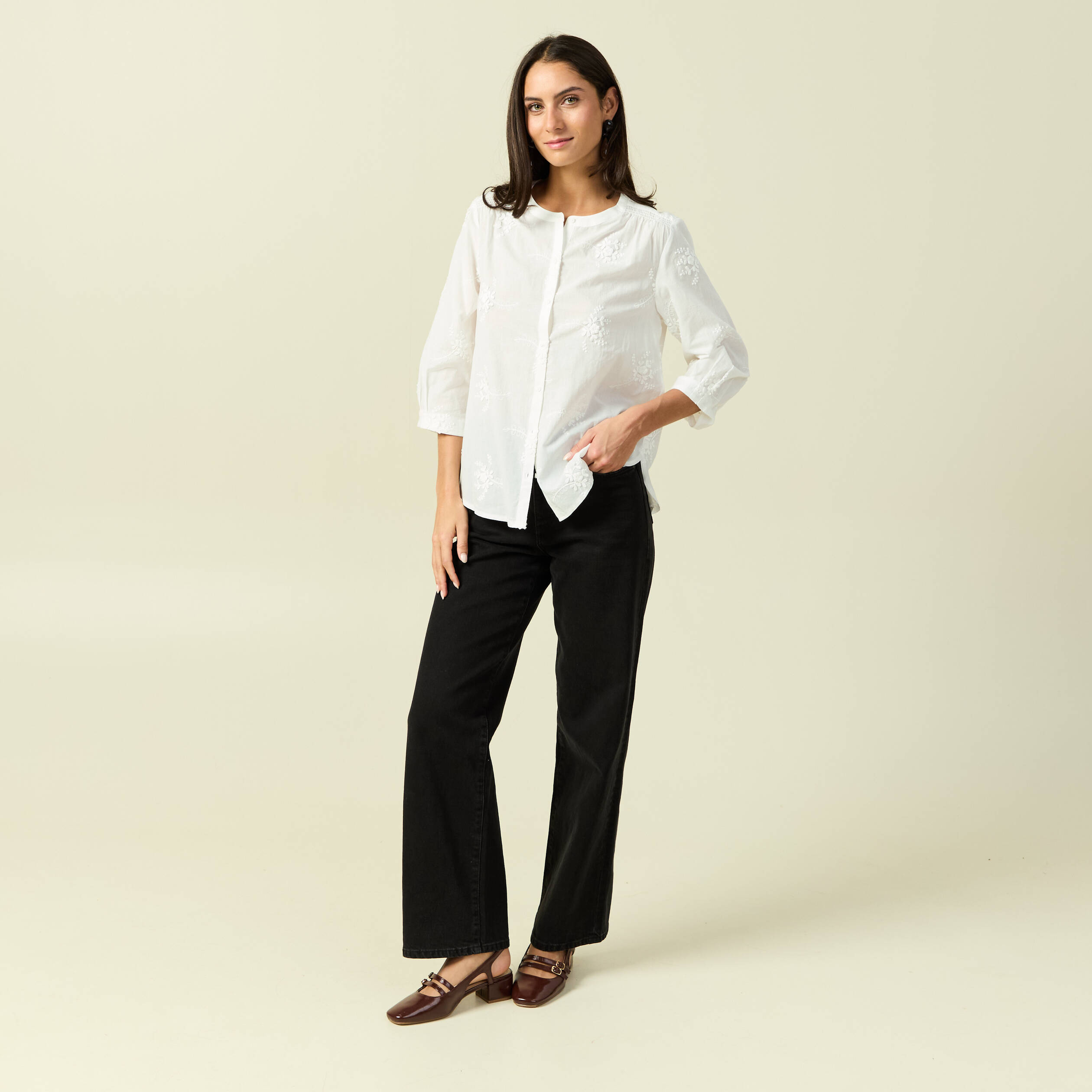 Chemise en coton manches 3/4 ecru femme