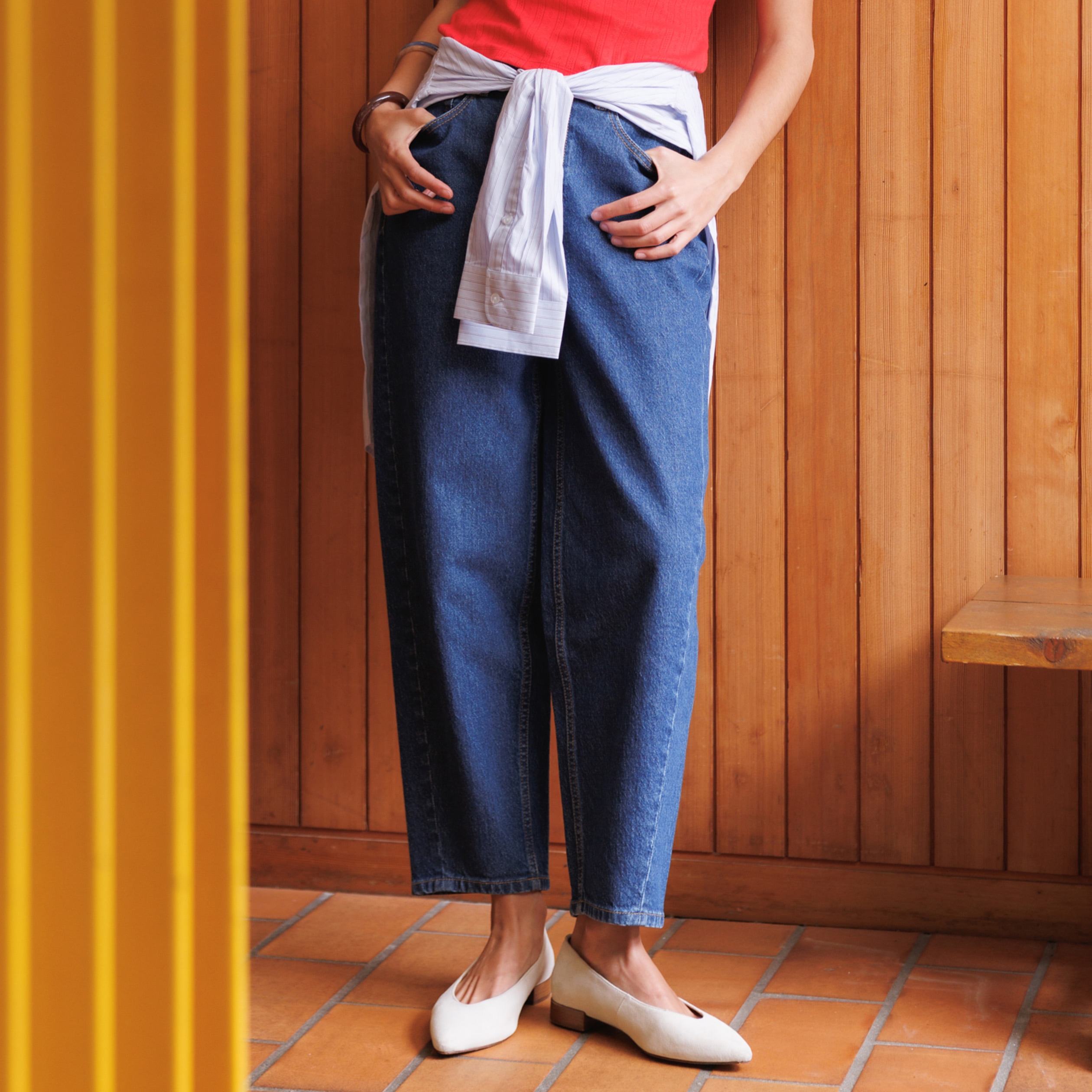 Jeans barrel taille haute 7/8&egrave;me denim brut femme