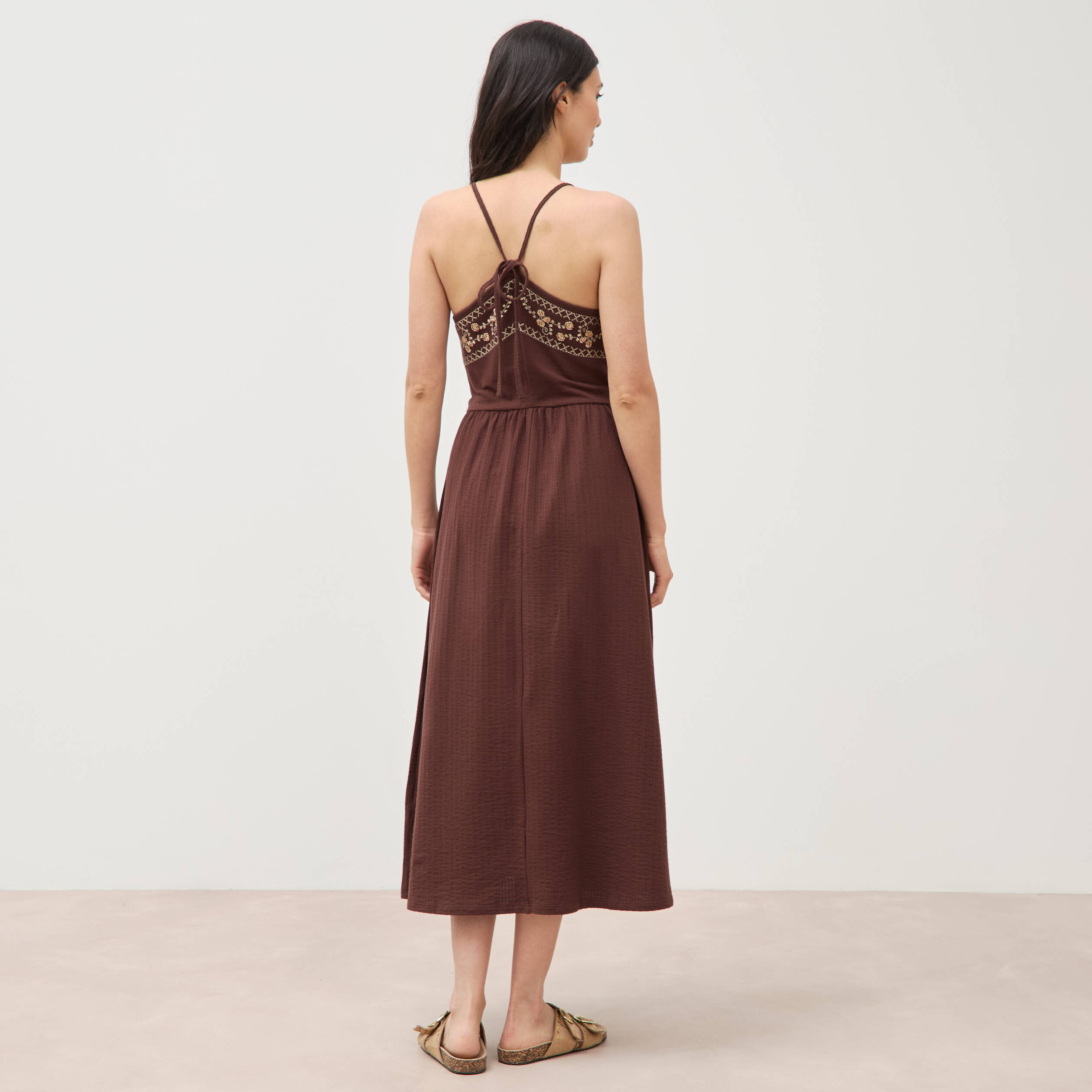 Robe bretelle col carr&eacute; en coton marron fonc&eacute; femme
