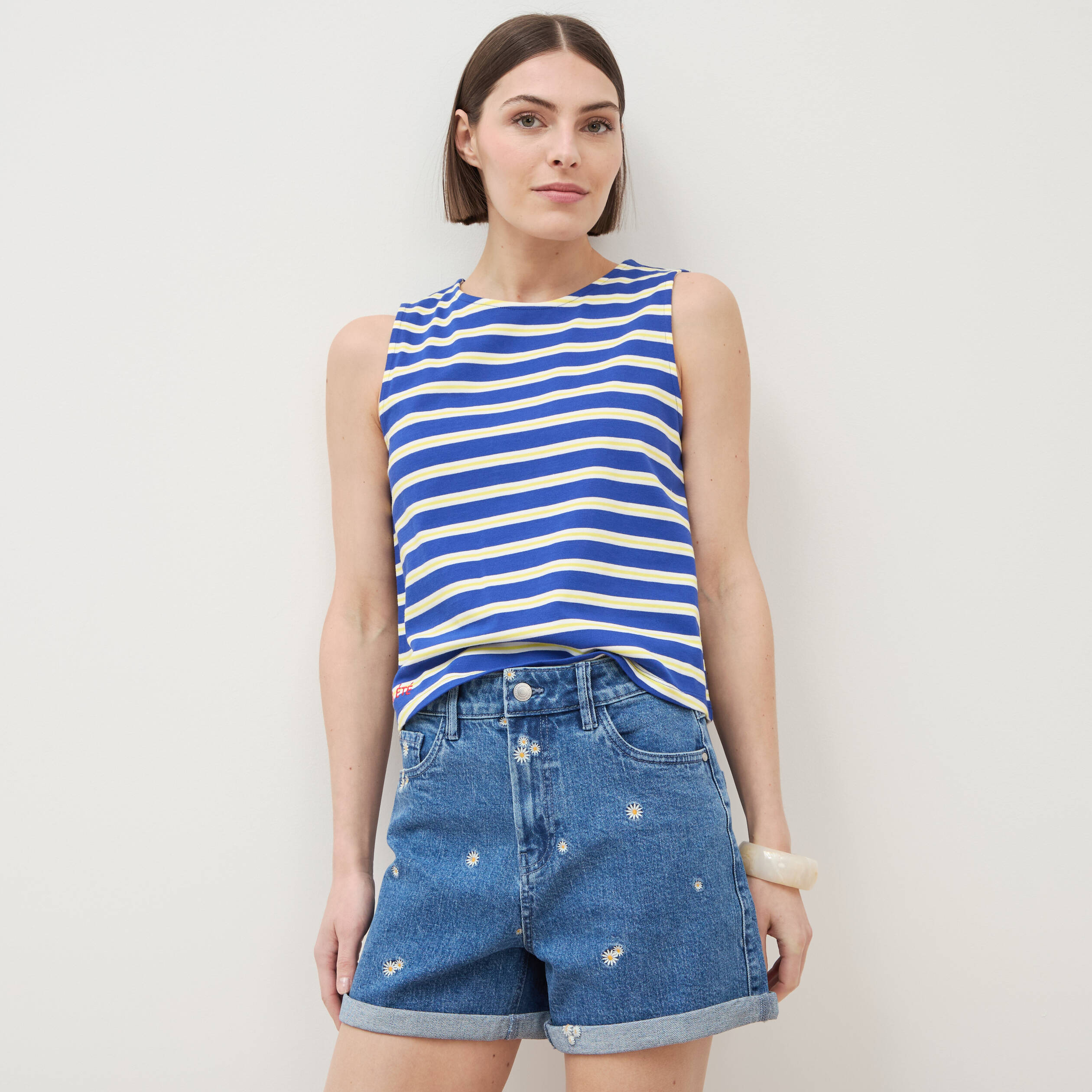 D&eacute;bardeur ray&eacute; col rond en coton bleu femme