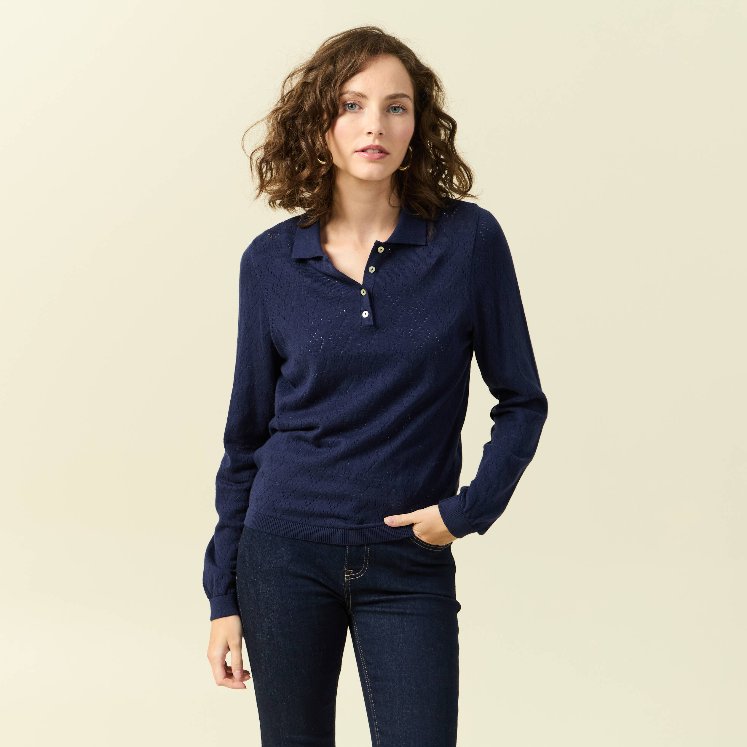 pull ajoure manches longues en coton bleu marine femme Pull ajouré manches longues en coton bleu marine femme