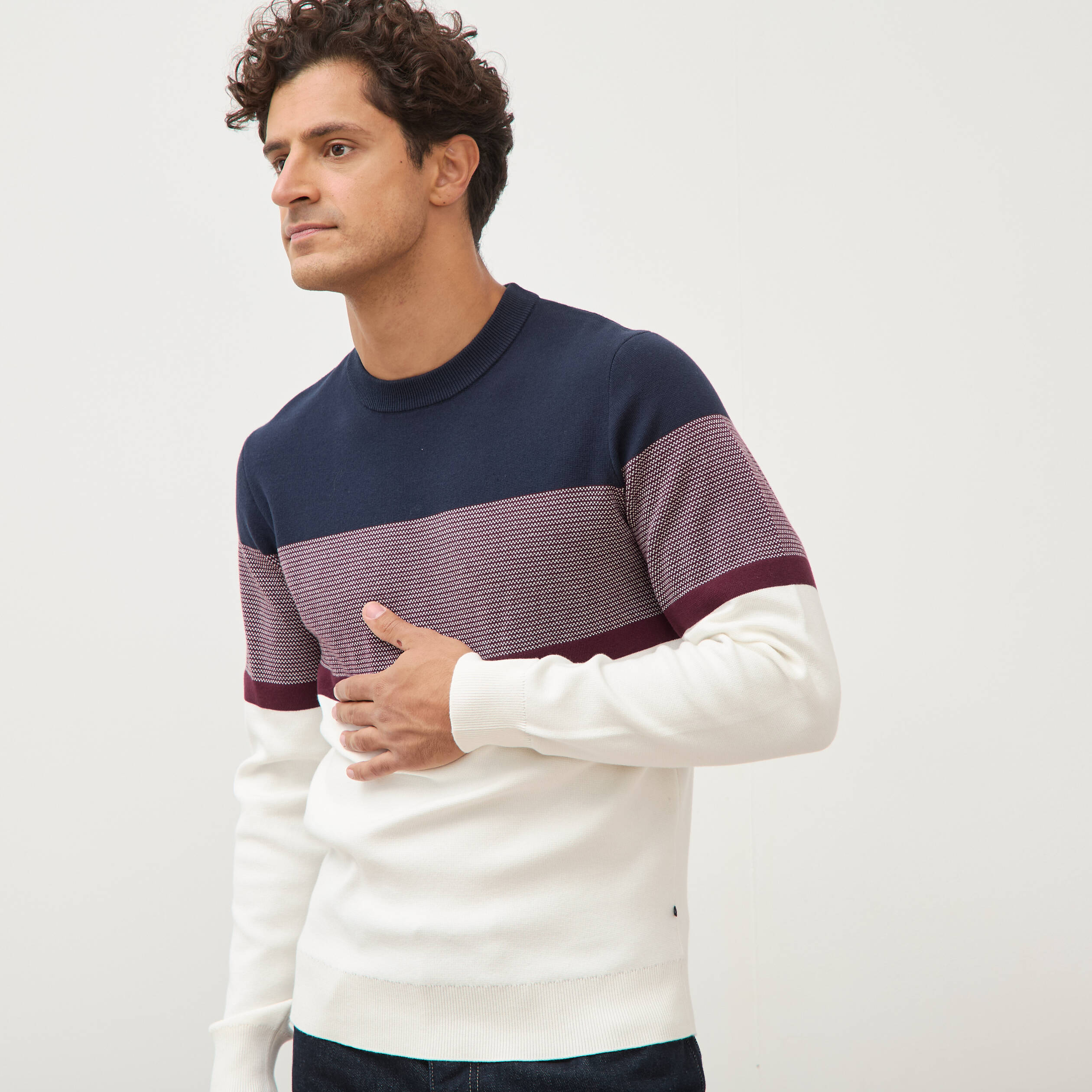Pull fin col rond manches longues bleu marine homme