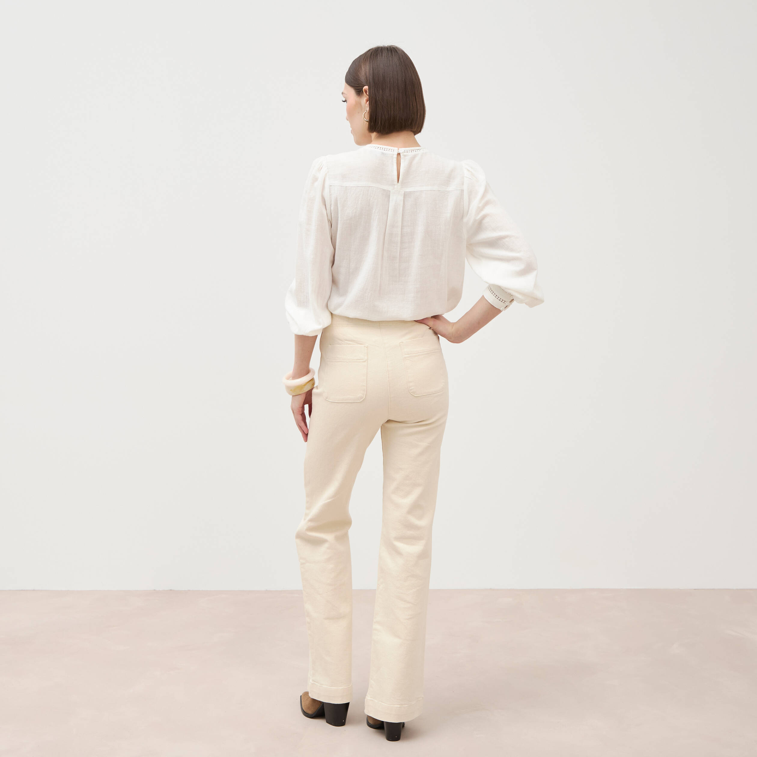 Jeans flare &agrave; pont denim blanc femme