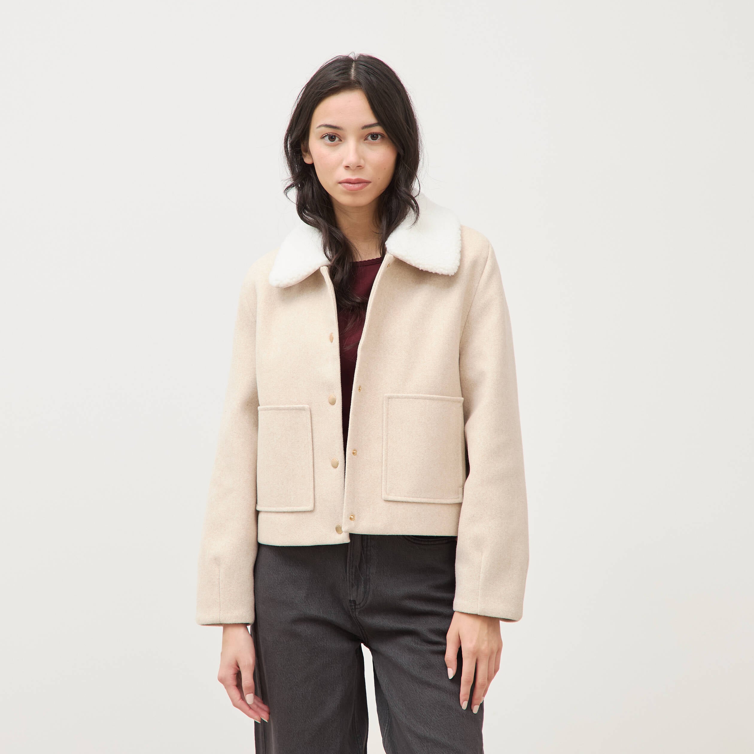 Blouson court oversize col sherpa creme femme