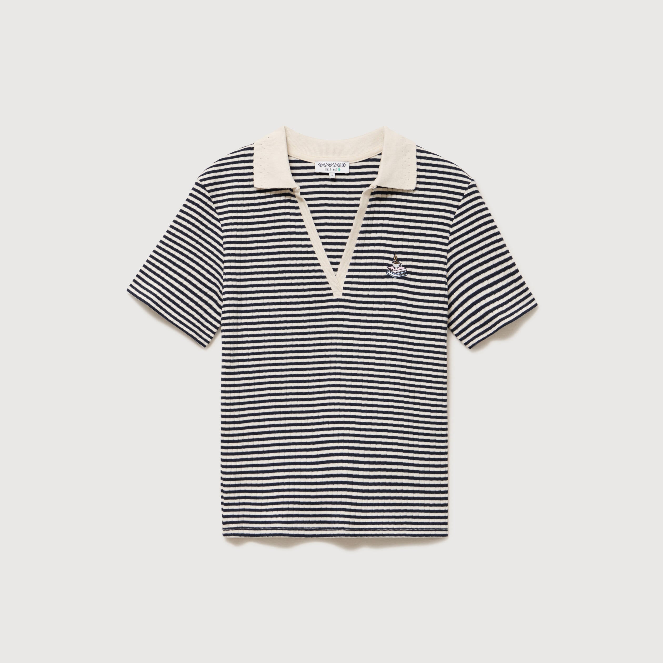 Polo ray&eacute; en coton manches courtes ecru femme