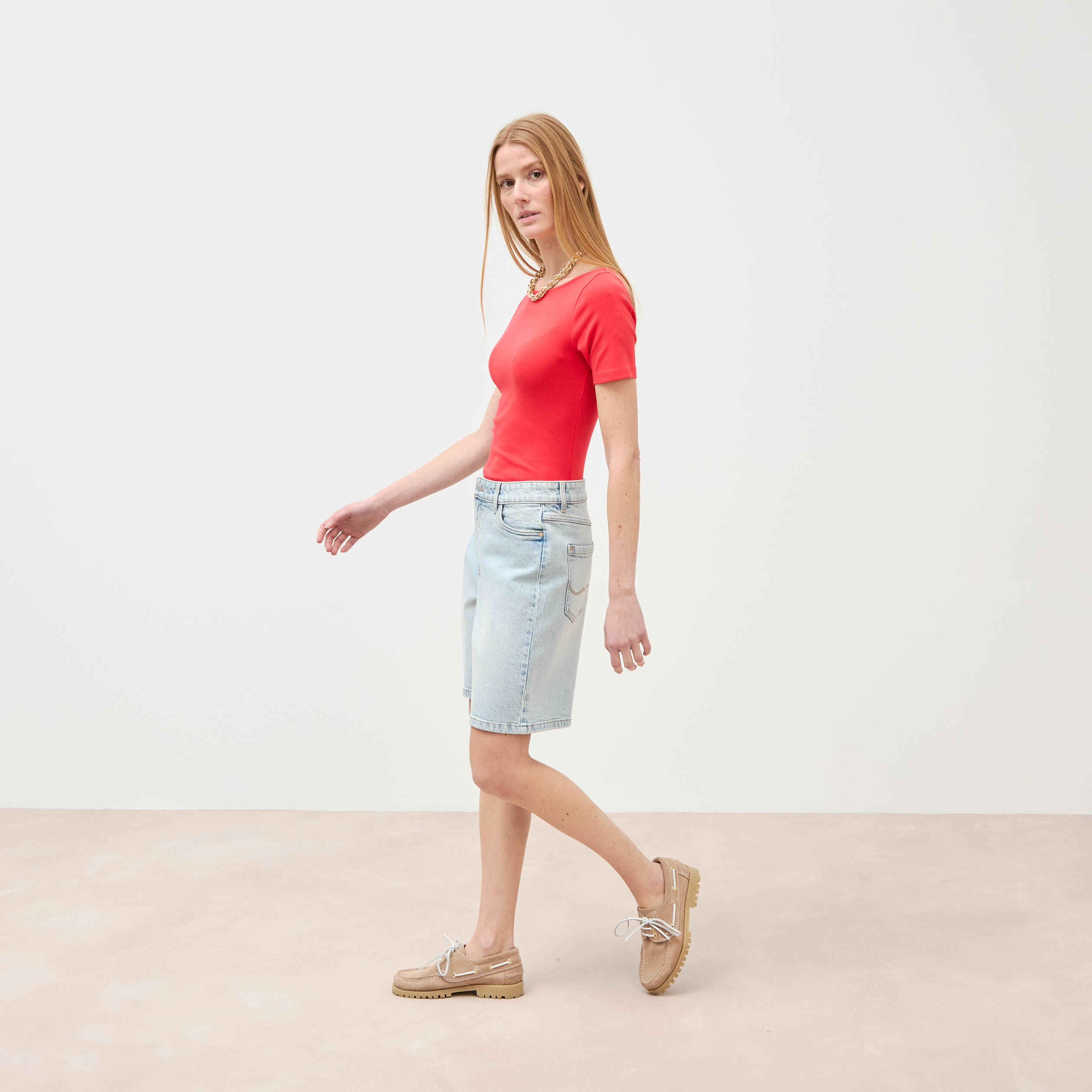 Bermuda jeans large taille haute denim snow bleach femme