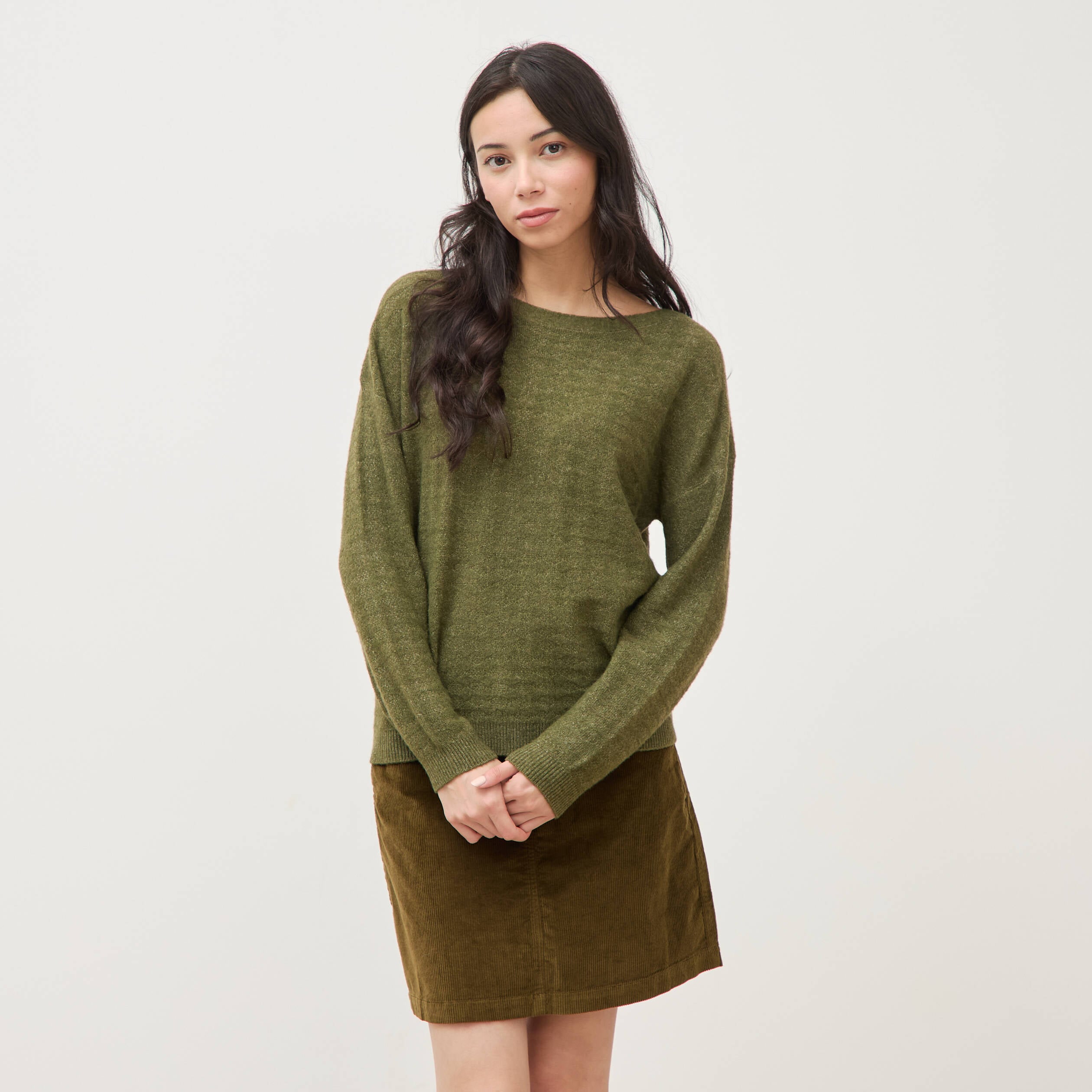 Pull manches longues col bateau vert kaki femme