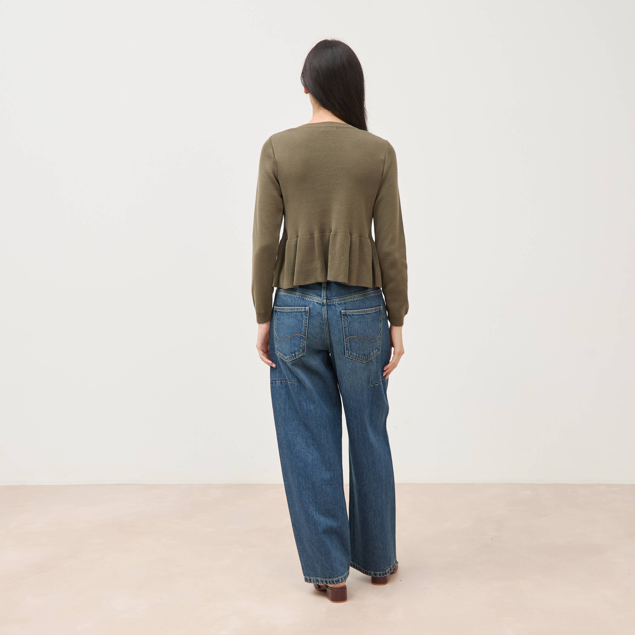 Pull col rond manches longues vert kaki femme