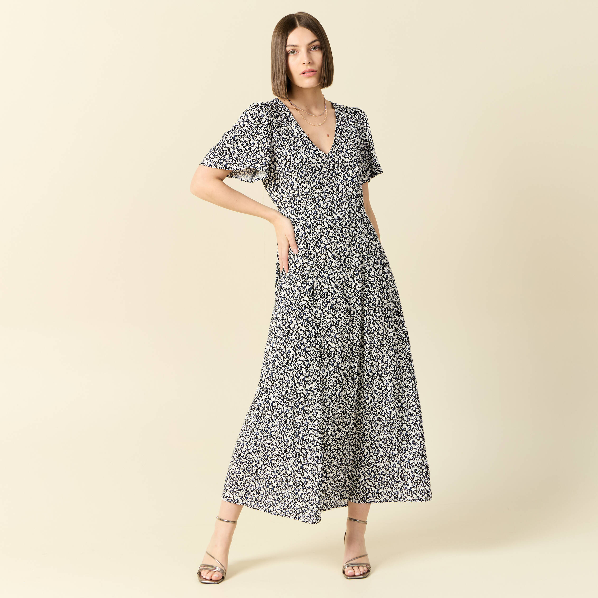 Robe longue droite col v manches courtes bleu femme