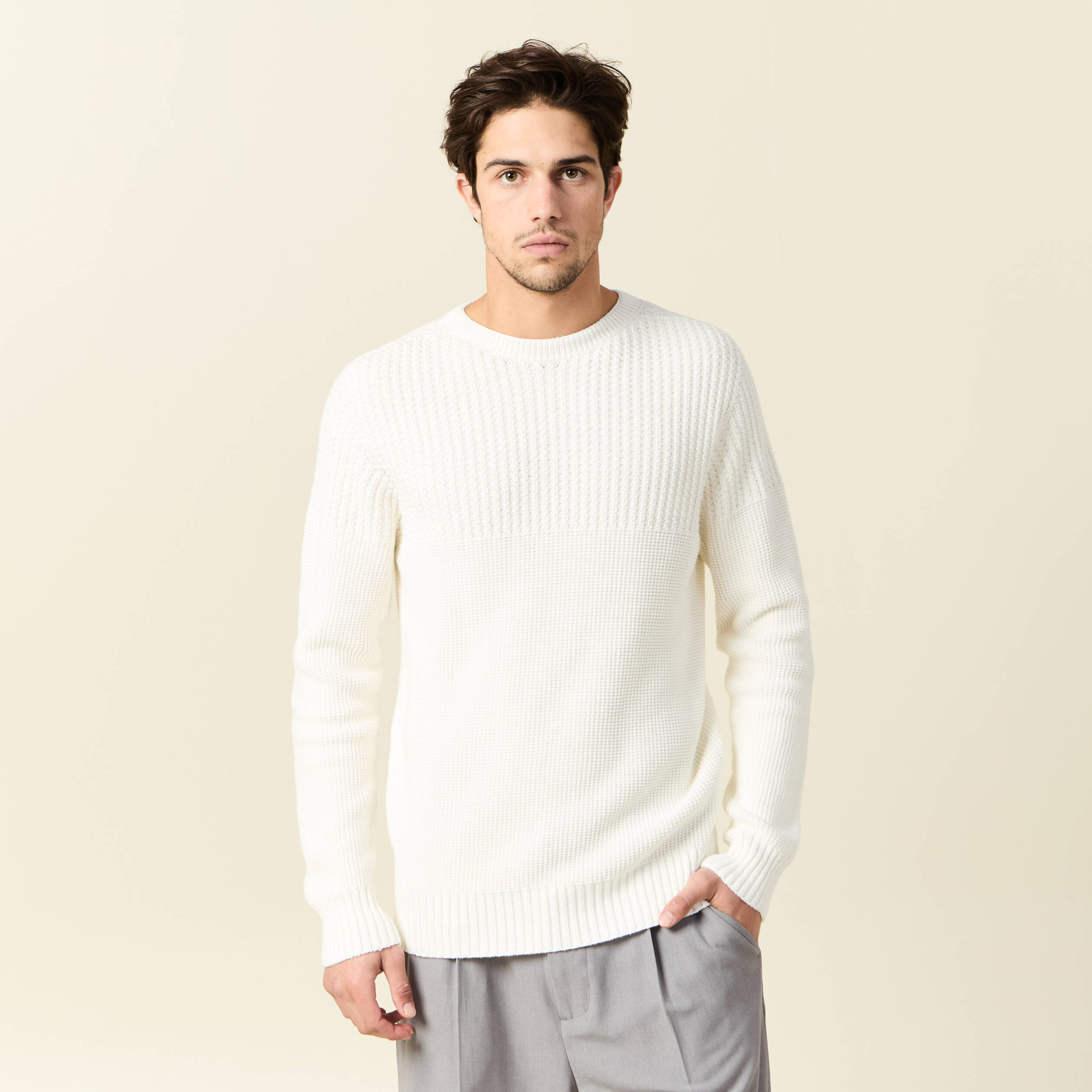 pull manches longues fabrique en france ecru homme Pull manches longues fabriqué en France ecru homme