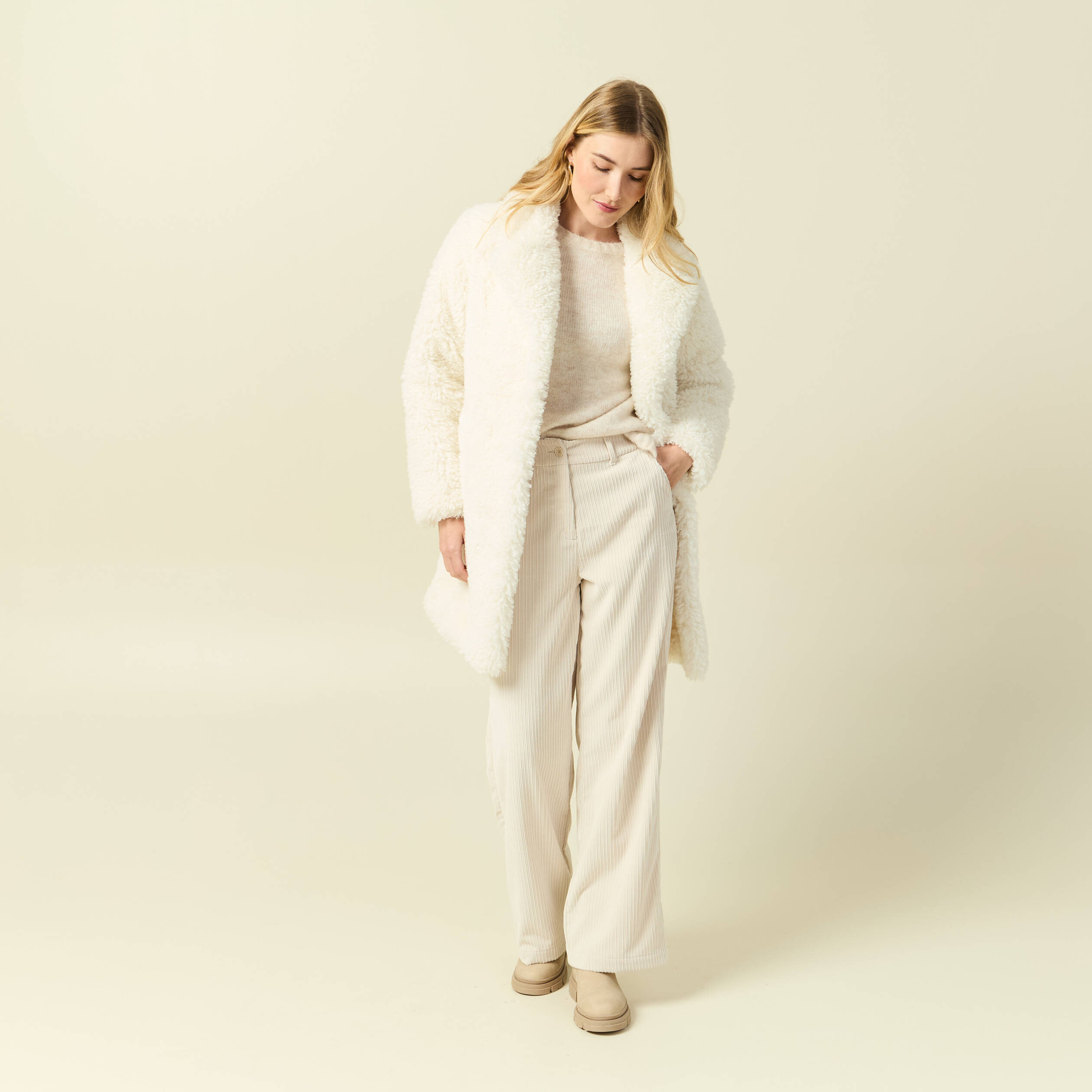 Manteau oversize long effet polaire creme femme