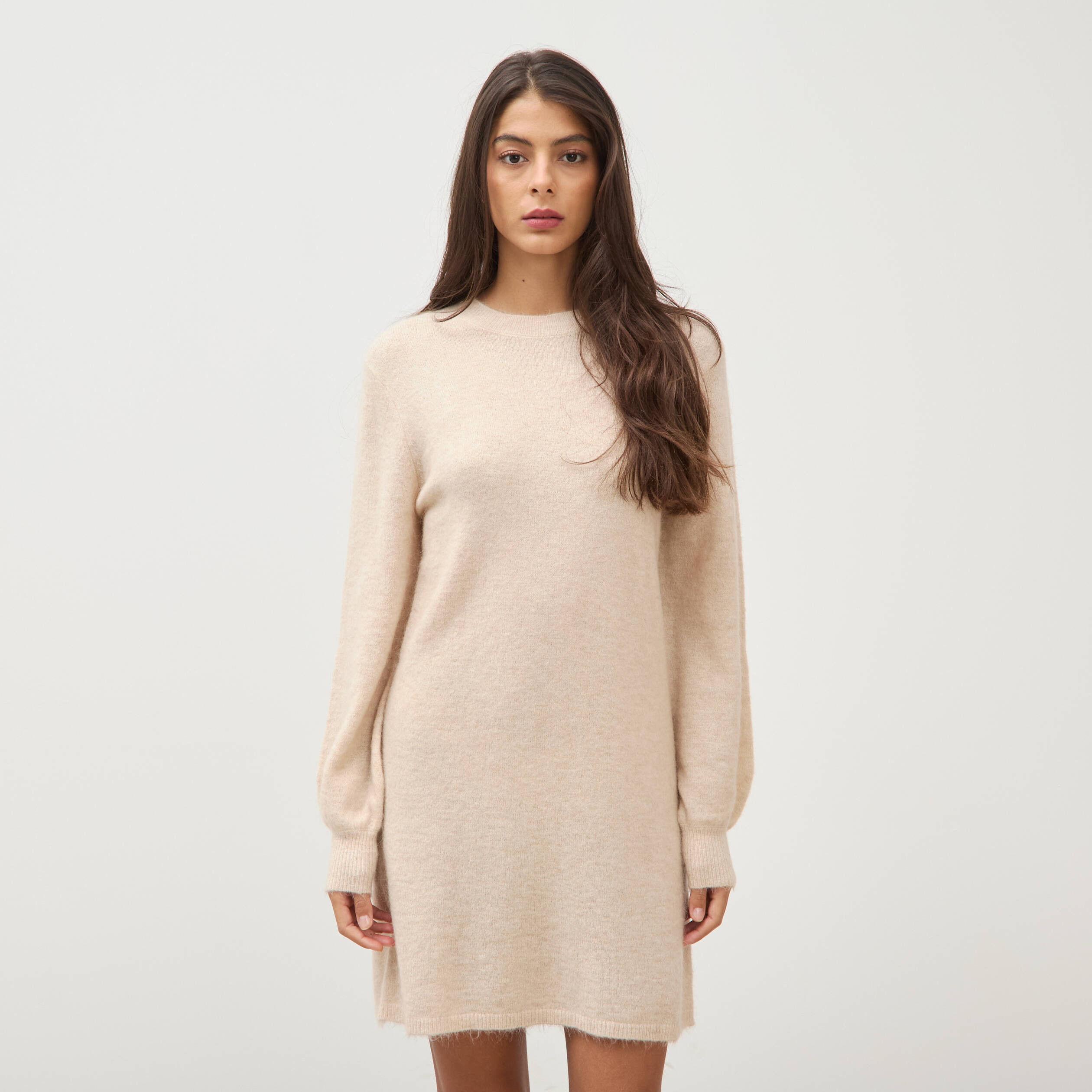 Robe droite courte manches longues creme femme