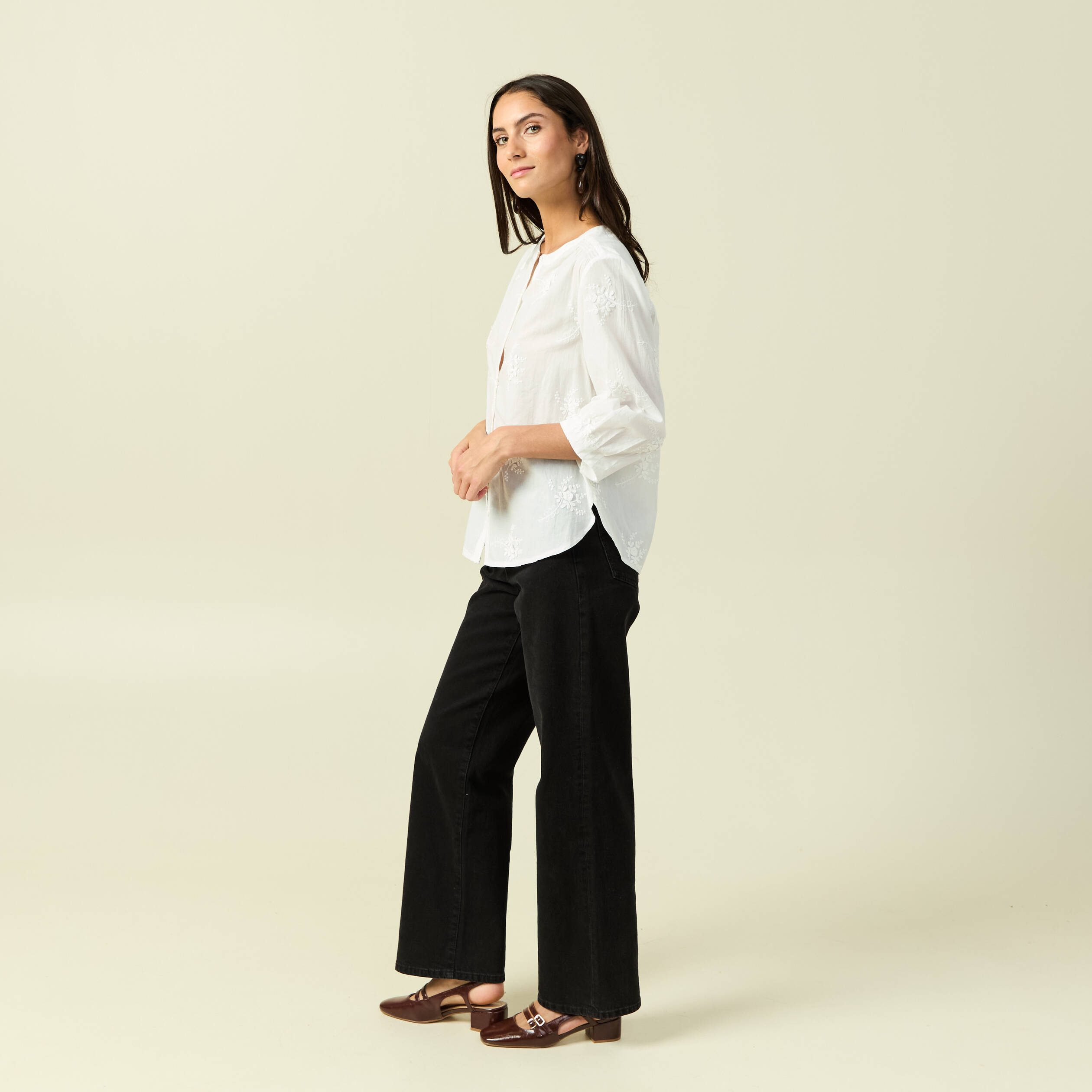 Chemise en coton manches 3/4 ecru femme