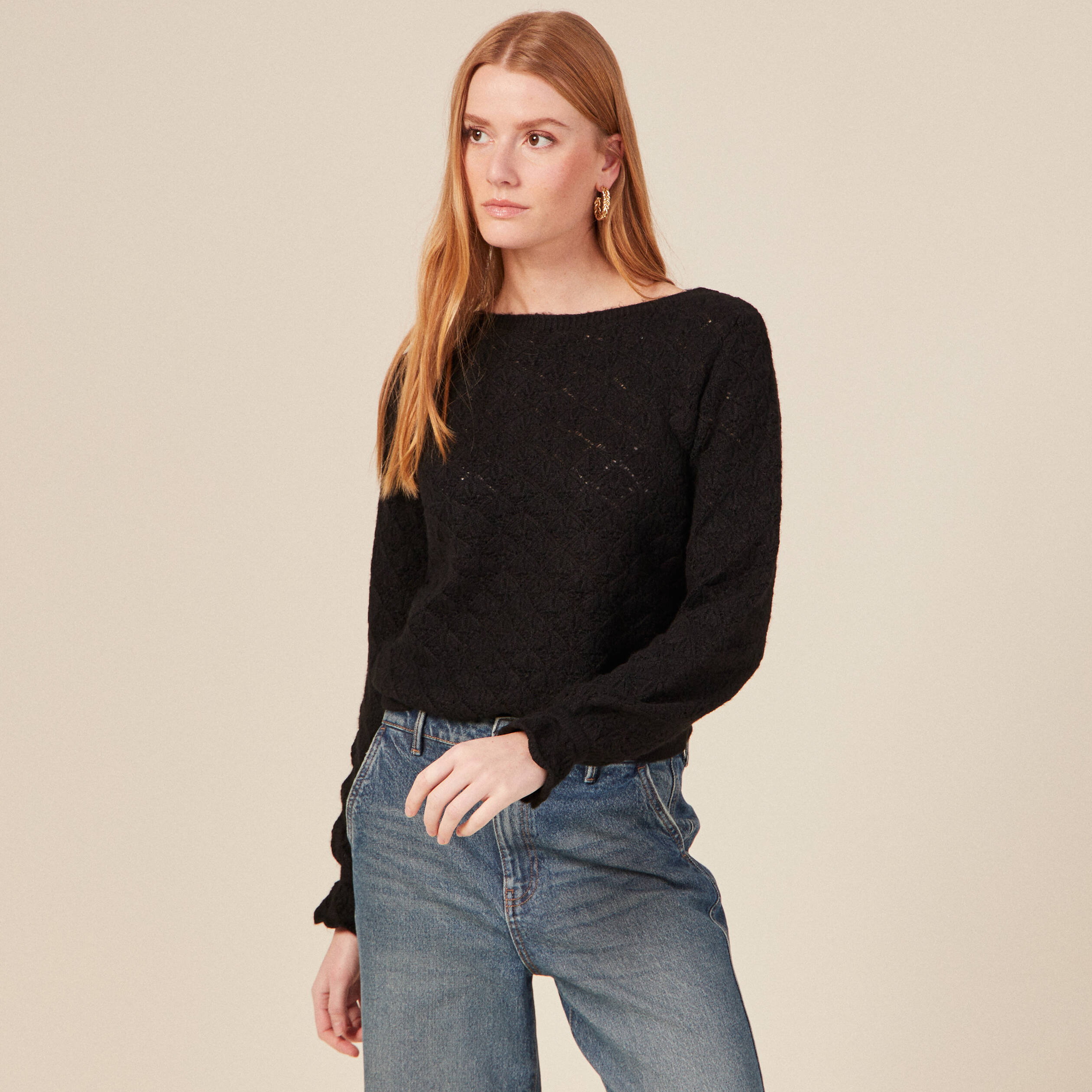 Pull manches longues ajour noir femme
