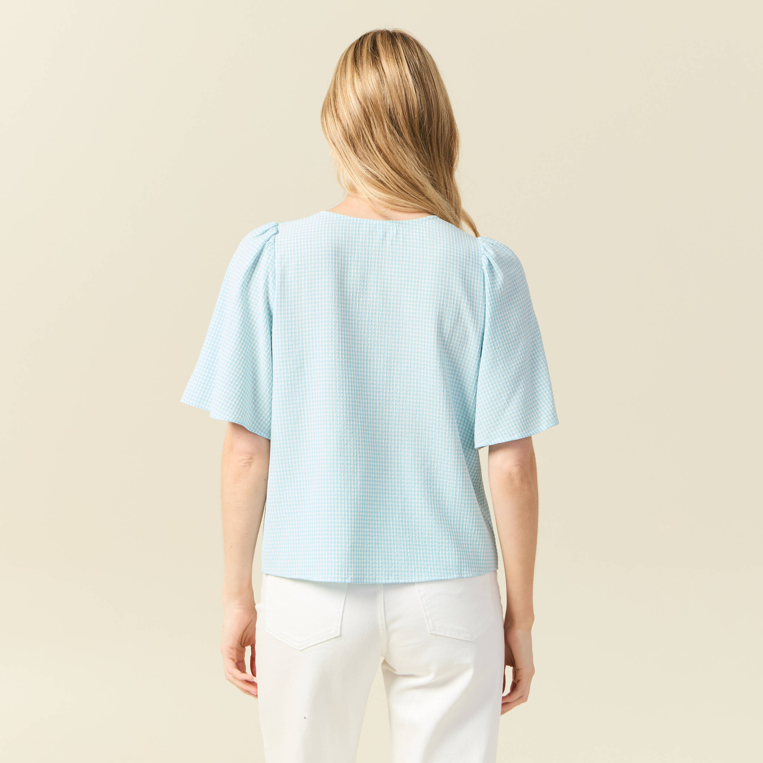 Blouse manches courtes nou&eacute;e bleu pastel femme