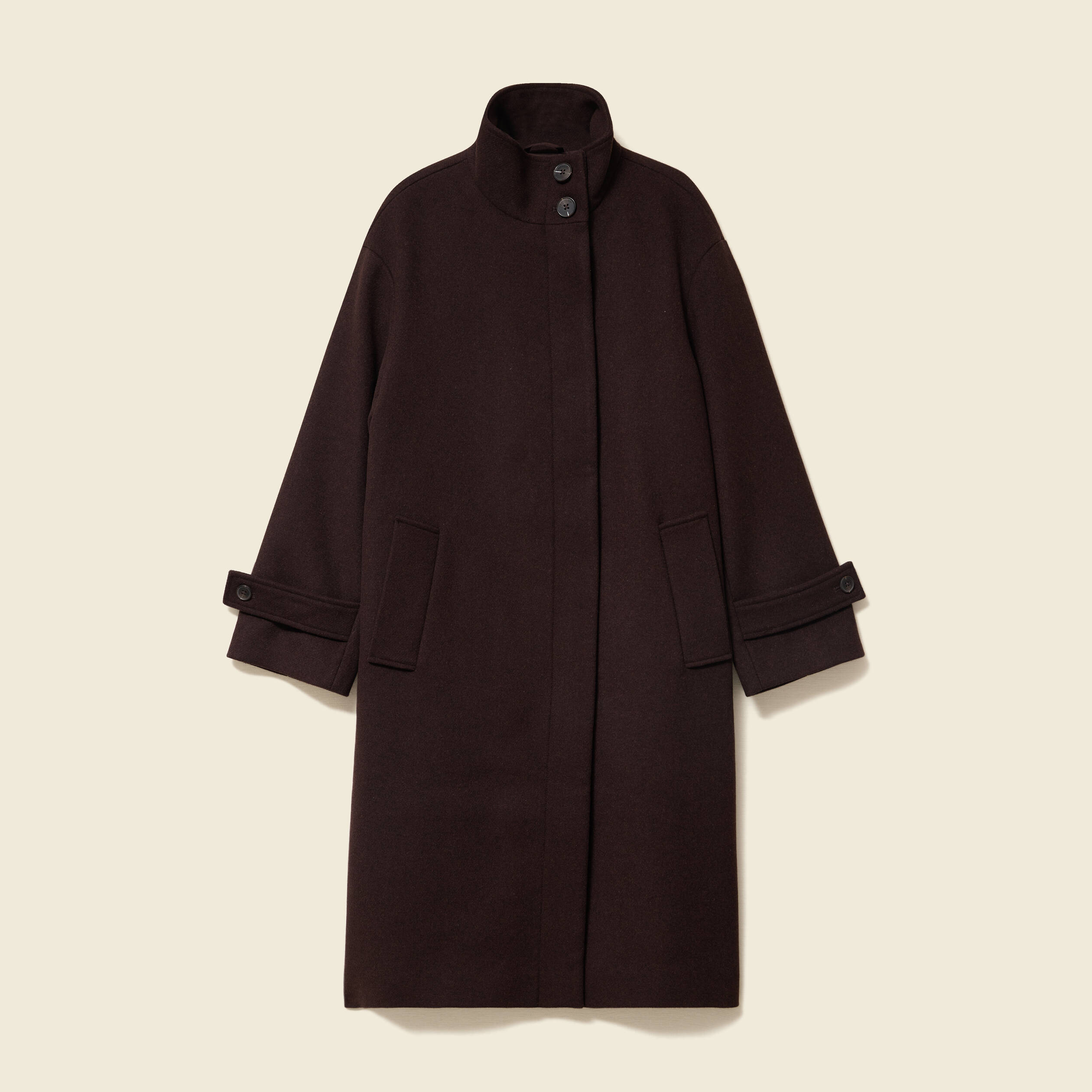 Manteau droit long col montant marron fonc&eacute; femme