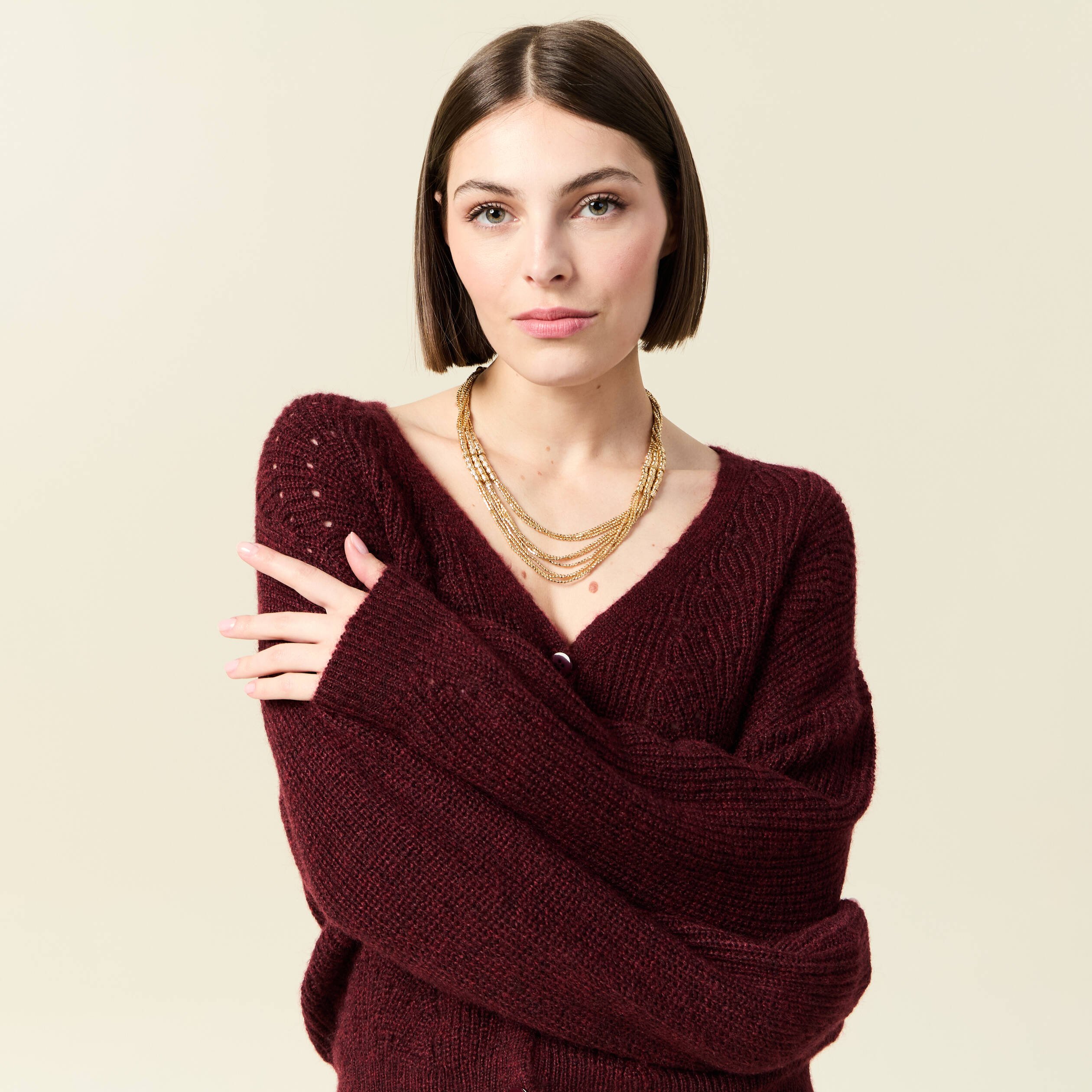 gilet ajoure col v manches longues bordeaux femme Gilet ajouré col V manches longues bordeaux femme