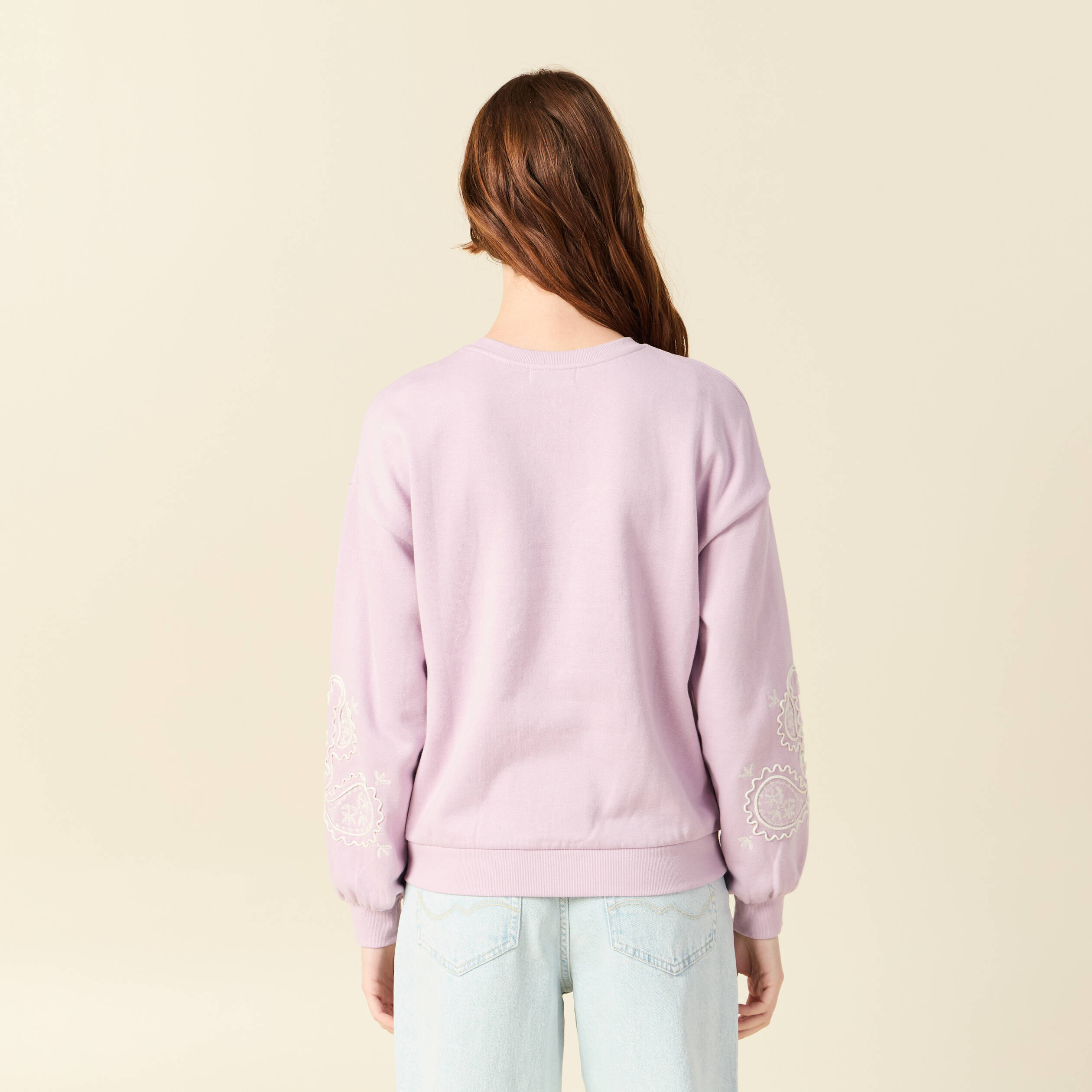 Sweat droit court col rond en coton parme femme
