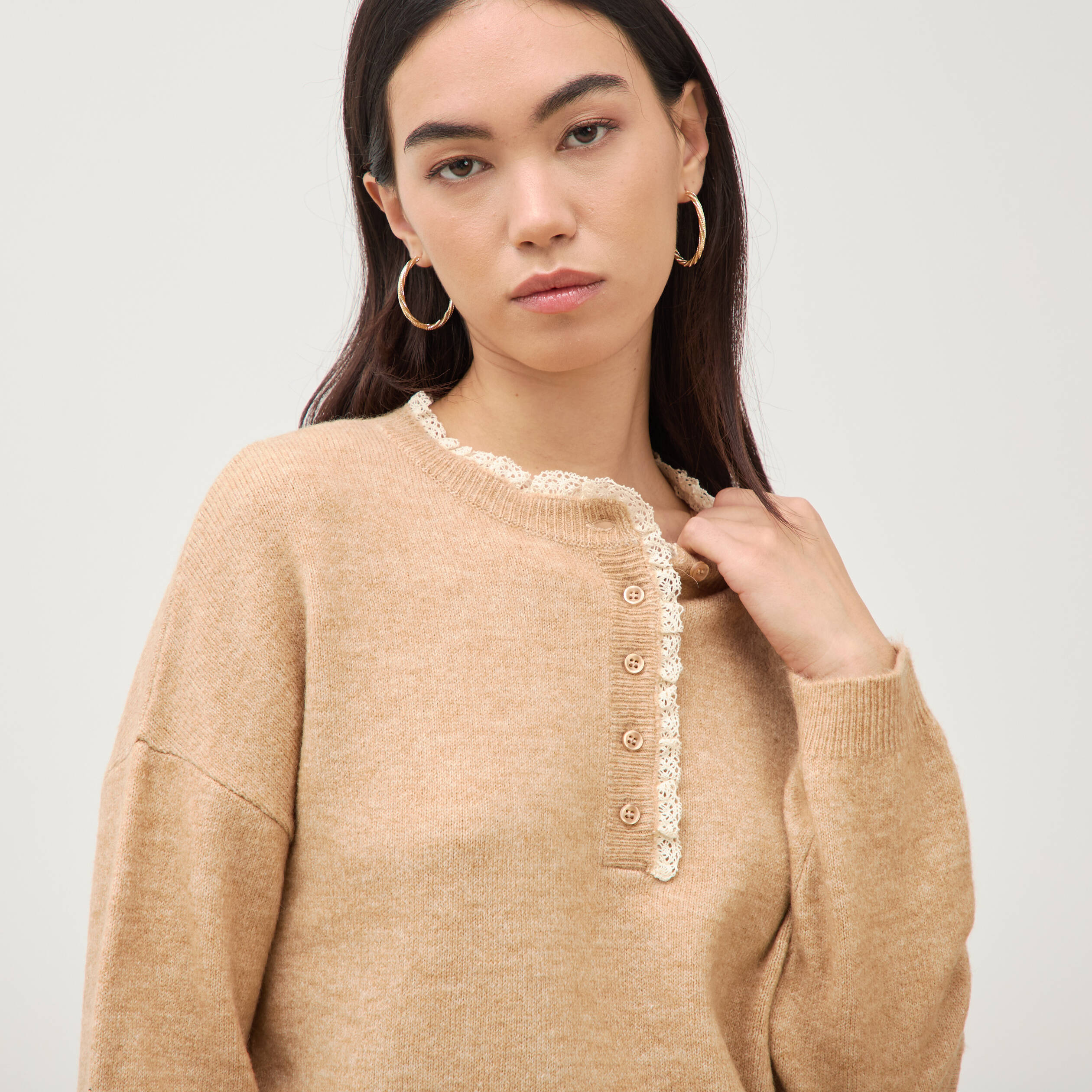 Pull col tunisien manches longues marron clair femme