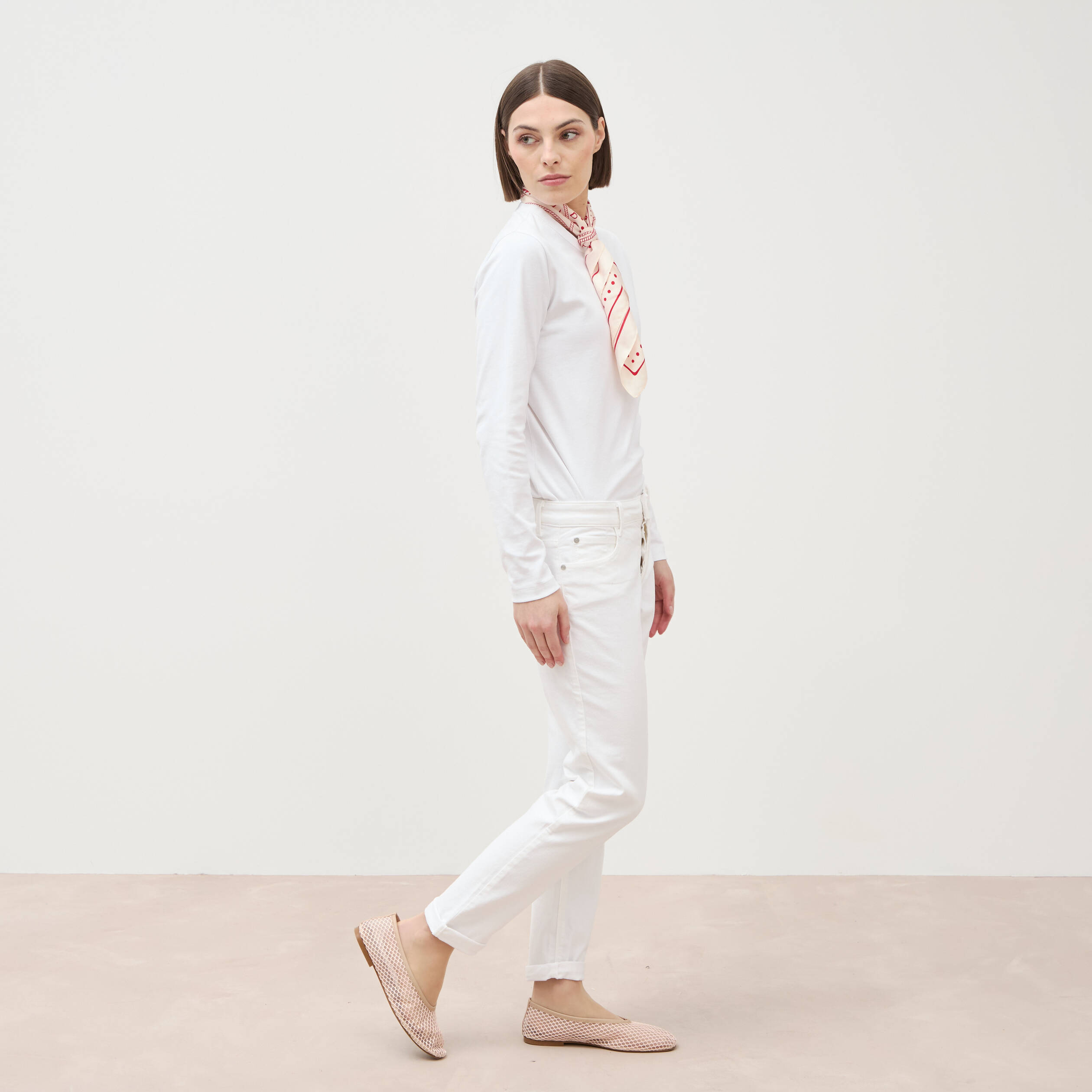 Jeans girlfriend taille haute denim blanc femme