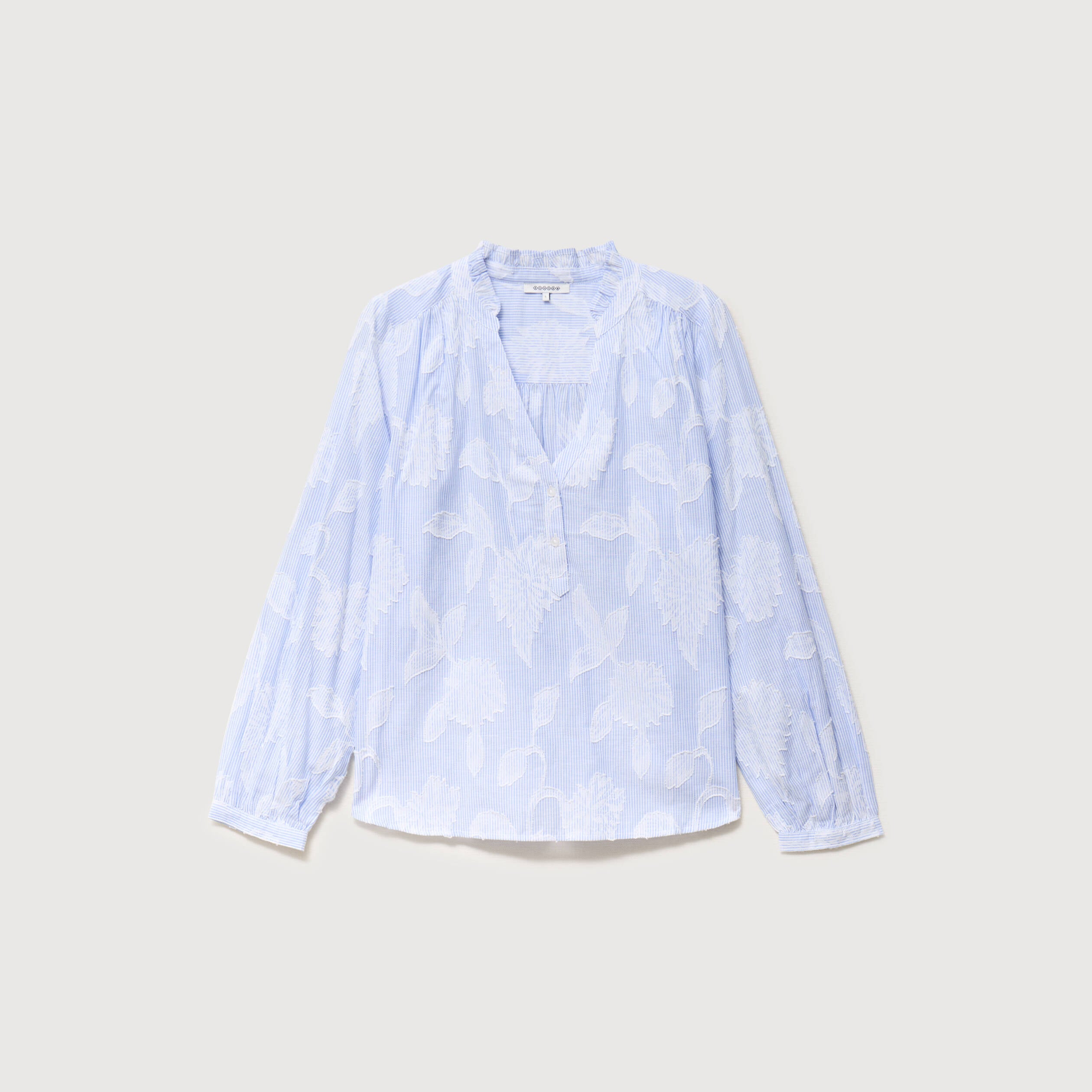 Chemise en coton col V manches longues bleu gris femme